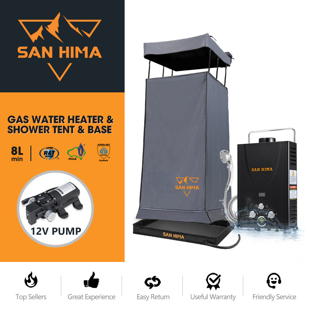 San Hima Camping Shower Tent Grey + Gas Hot Water Heater Black +Shower Tent Base - Sunyee