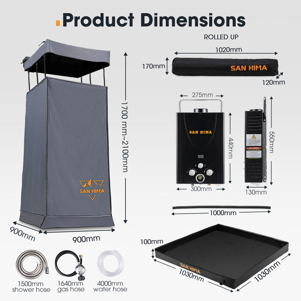 San Hima Camping Shower Tent Grey + Gas Hot Water Heater Black +Shower Tent Base - Sunyee
