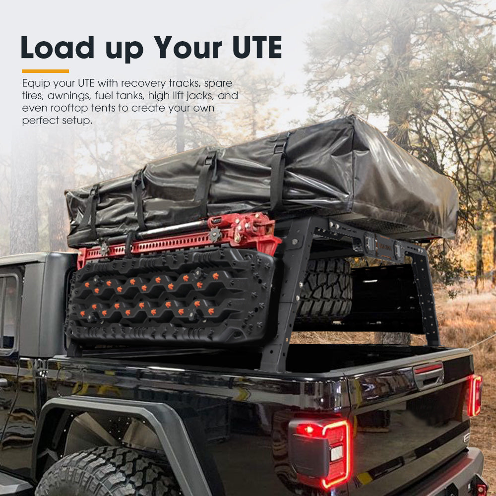 San Hima Universal Ute Tub Rack 3mm Steel + Pair Recovery Tracks 15T Board Black - Sunyee