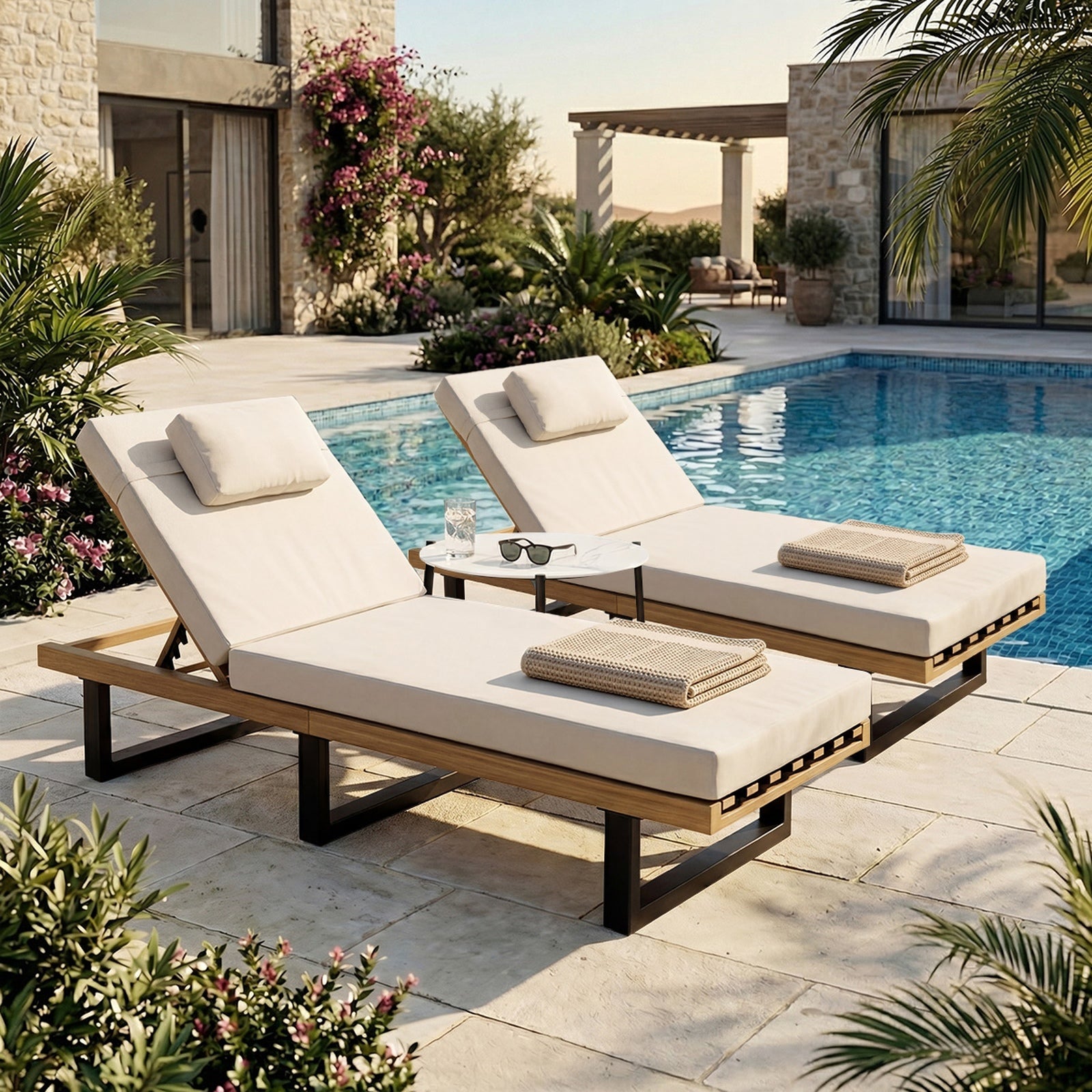 Livsip 2PCS Sun Lounge with Table Outdoor Lounger Daybed Patio Furniture Beige