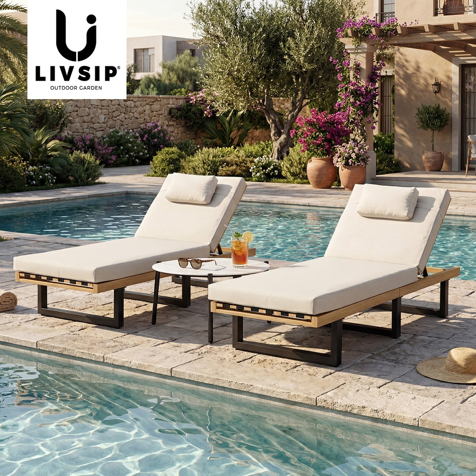 Livsip 2PCS Sun Lounge with Table Outdoor Lounger Daybed Patio Furniture Beige