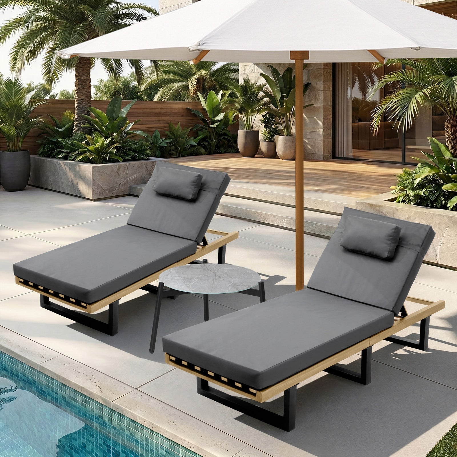 Livsip 2PCS Sun Lounge with Table Outdoor Lounger Daybed Patio Furniture Grey