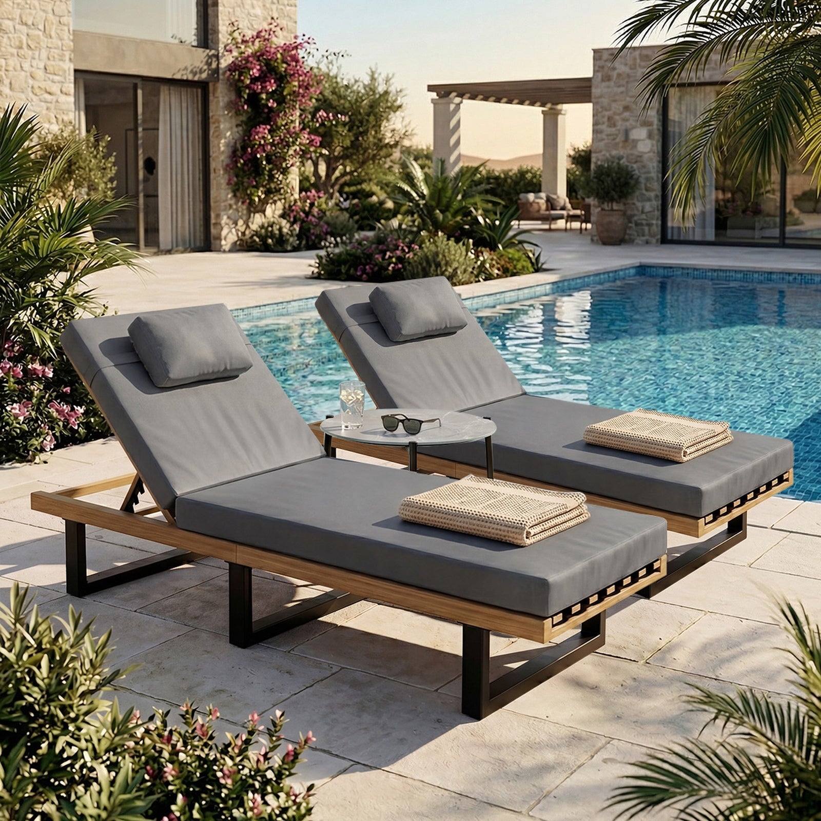 Livsip 2PCS Sun Lounge with Table Outdoor Lounger Daybed Patio Furniture Grey