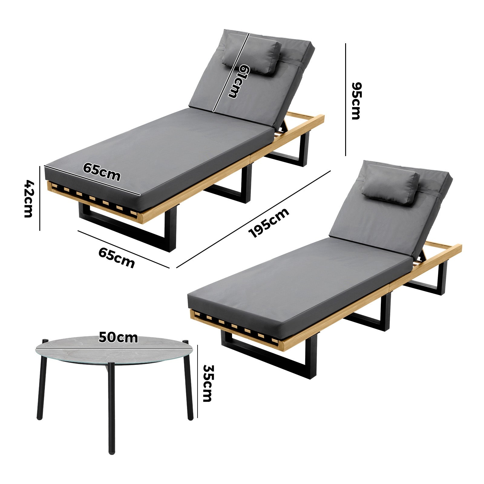 Livsip 2PCS Sun Lounge with Table Outdoor Lounger Daybed Patio Furniture Grey
