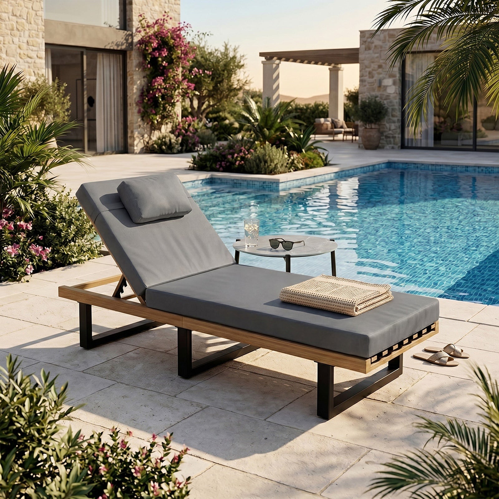 Livsip Sun Lounge Set with Table Outdoor Lounger Chairs Patio Furniture Grey