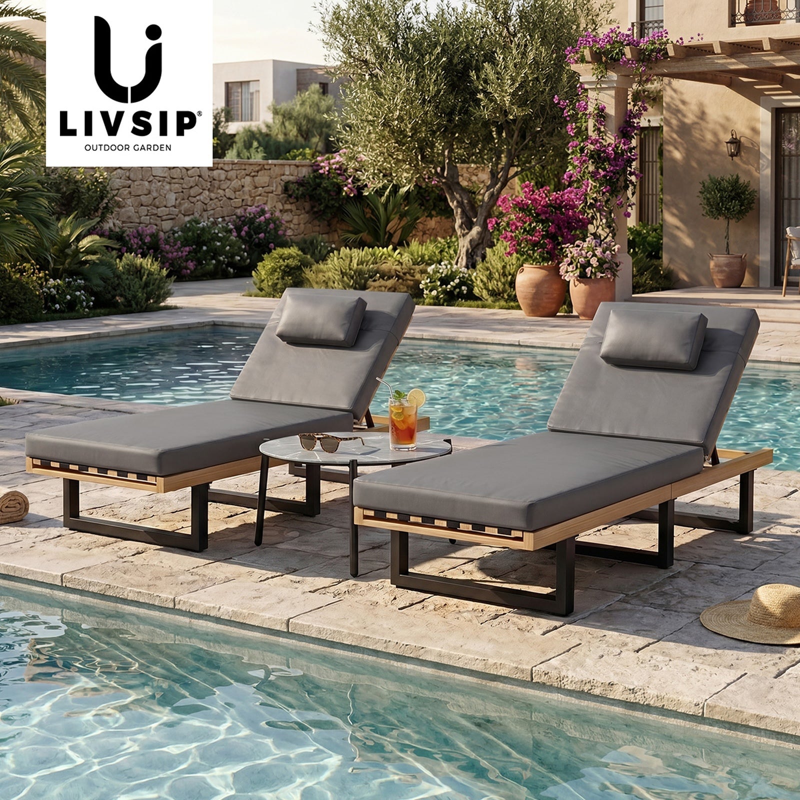 Livsip Sun Lounge Set with Table Outdoor Lounger Chairs Patio Furniture Grey