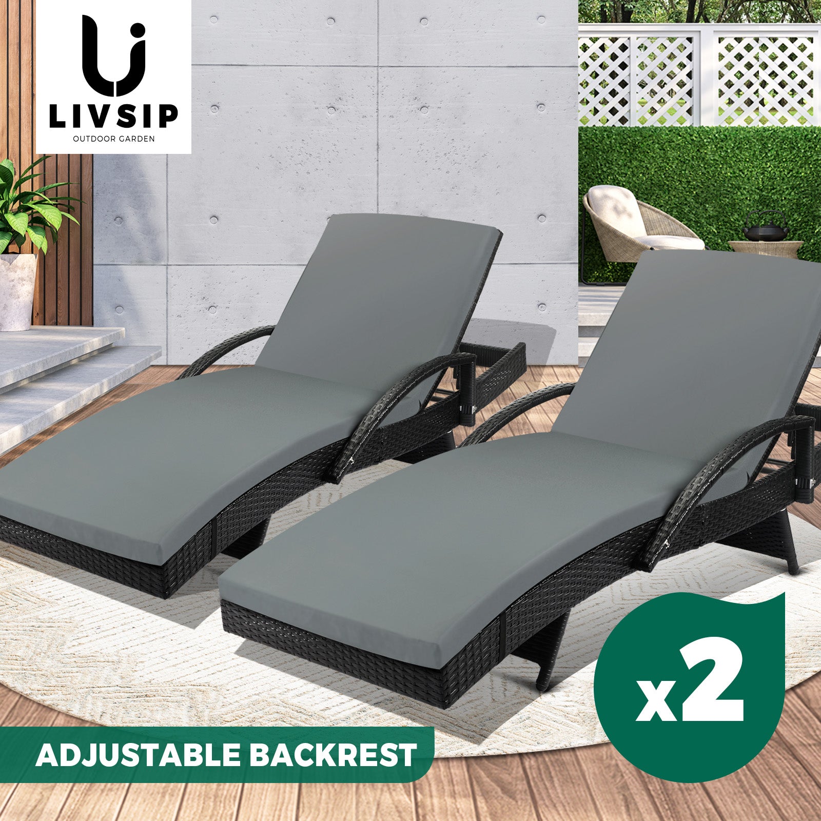 Livsip Sun Lounge Outdoor Wicker Lounger Patio Furniture Rattan Garden Recliners - Sunyee