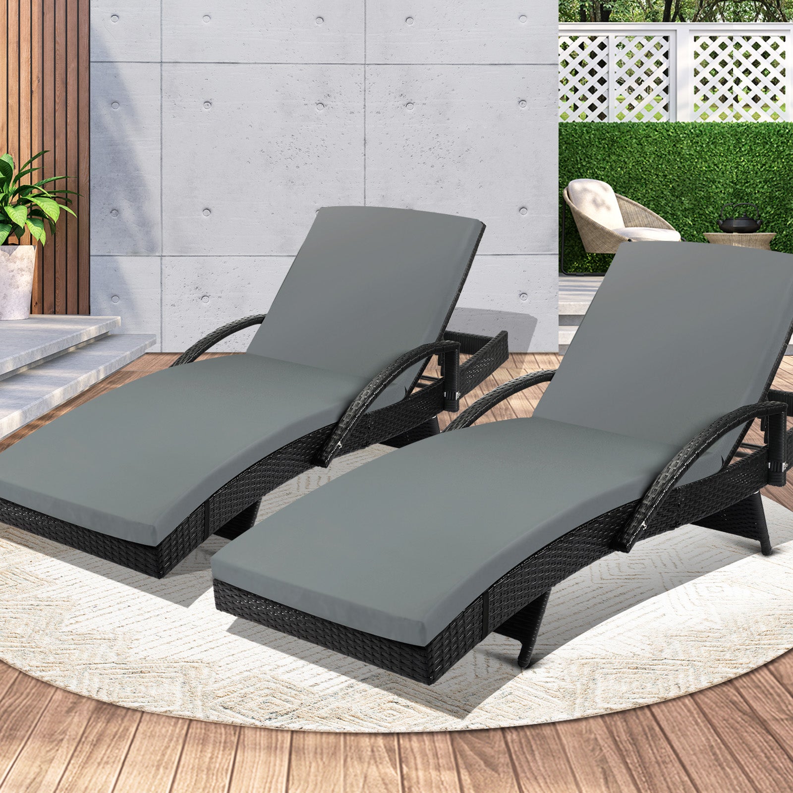 Livsip 2pcs Sun Lounger Wicker Lounge Outdoor Furniture Garden Patio Bed Cushion - Sunyee