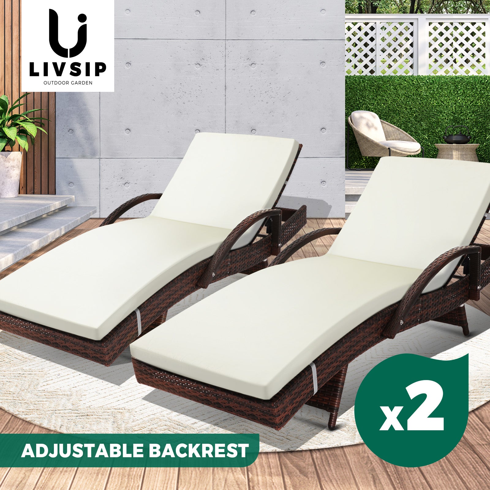 Livsip Sun Lounge Outdoor Wicker Lounger Patio Furniture Rattan Garden Recliners - Sunyee