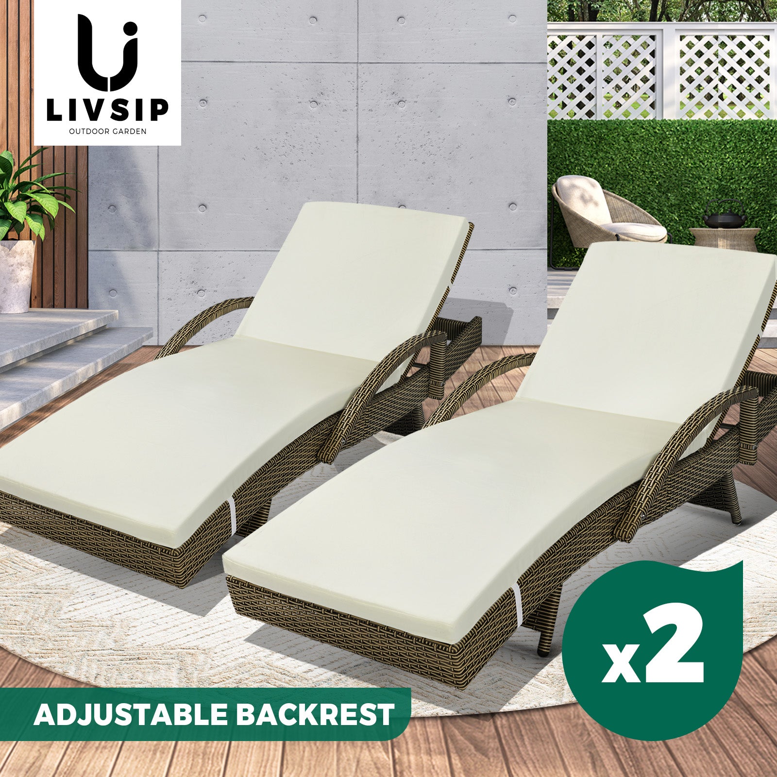 Livsip Sun Lounge Outdoor Wicker Lounger Patio Furniture Rattan Garden Recliners - Sunyee