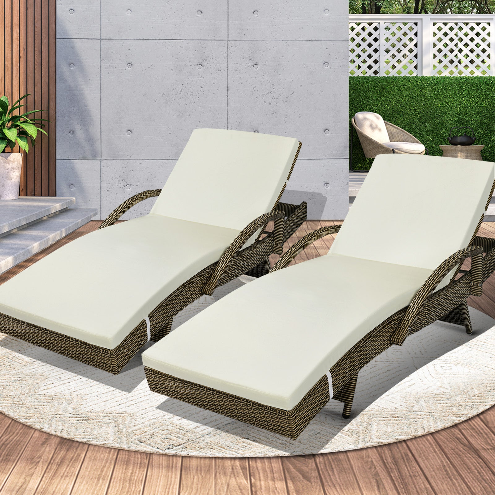 Livsip 2X Sun Lounger Wicker Lounge Day Bed Patio Sofa Cushion Outdoor Furniture - Sunyee