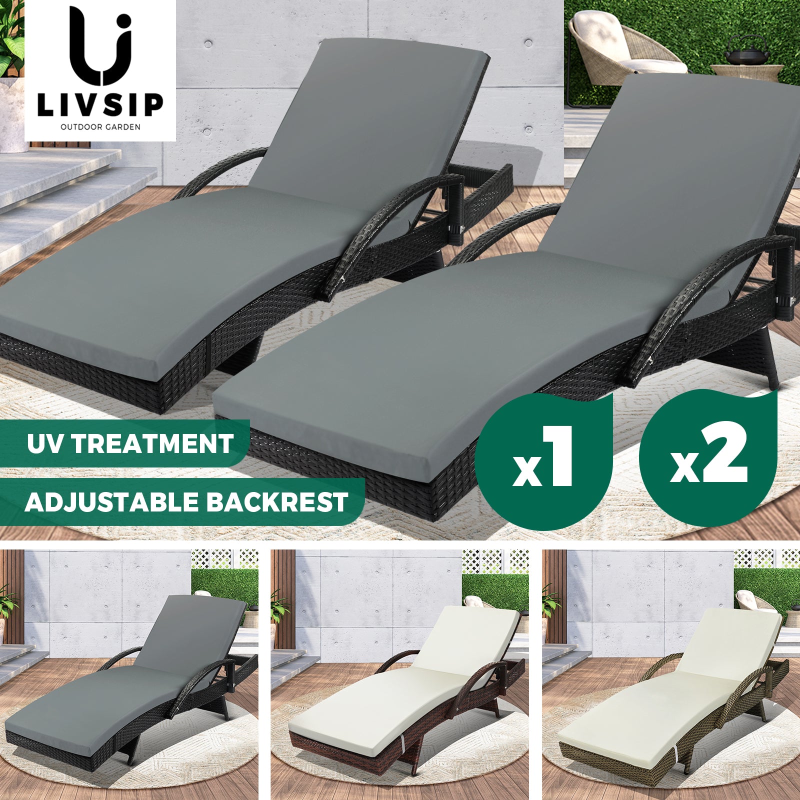 Livsip Sun Lounge Outdoor Wicker Lounger Patio Furniture Rattan Garden Recliners - Sunyee