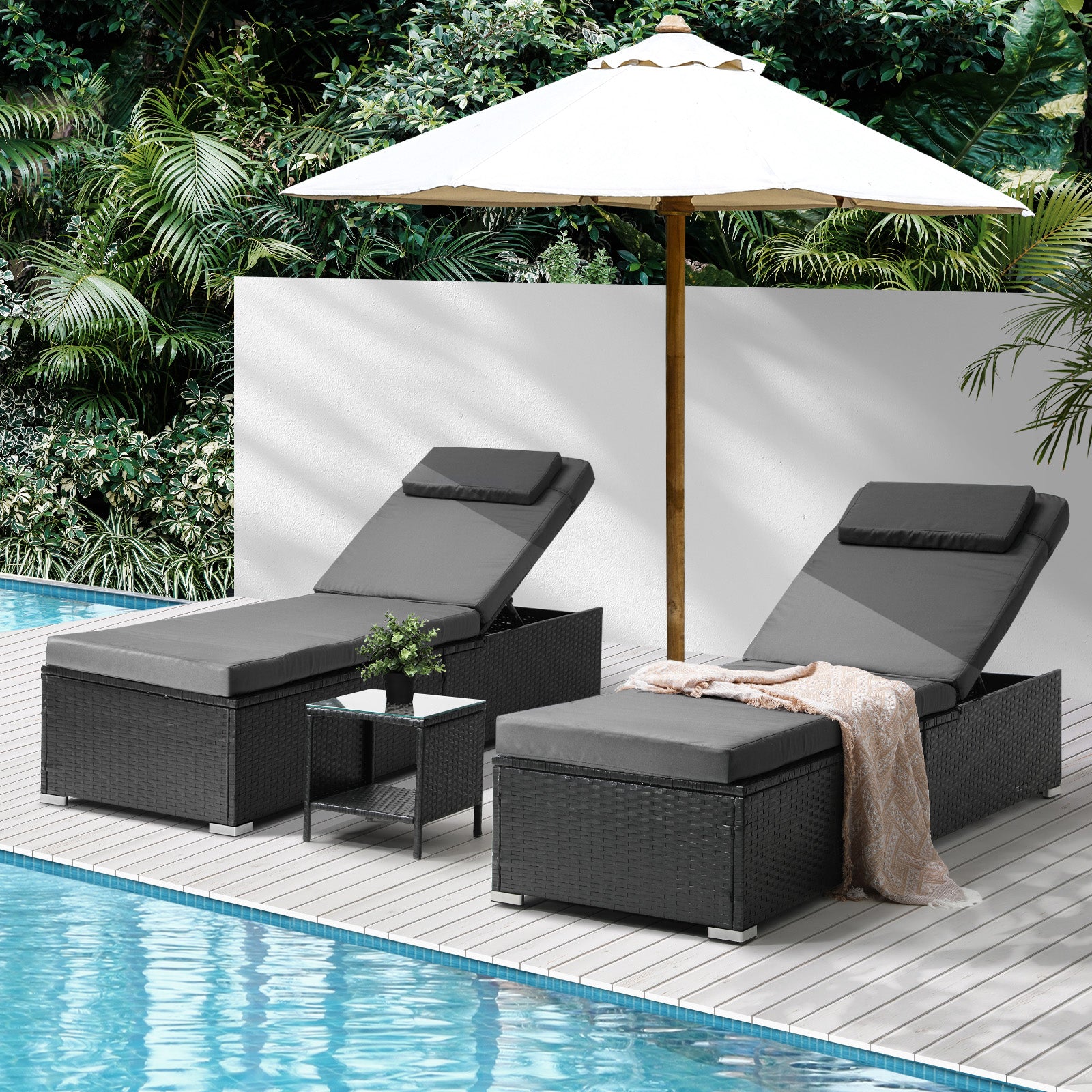 Livsip 2X Sun Lounge Wicker Lounger Table Setting Outdoor Furniture Day Bed - Sunyee