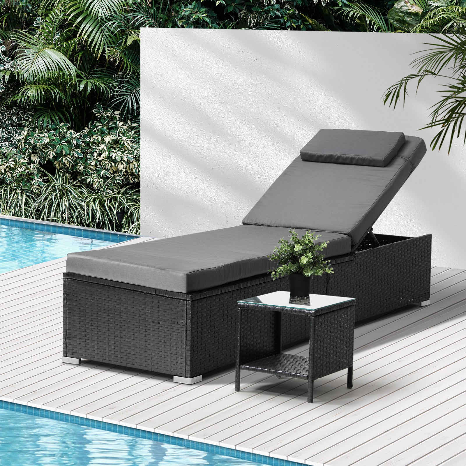 Livsip Sun Lounger Wicker Lounge Day Bed Table Outdoor Setting Patio Furniture - Sunyee