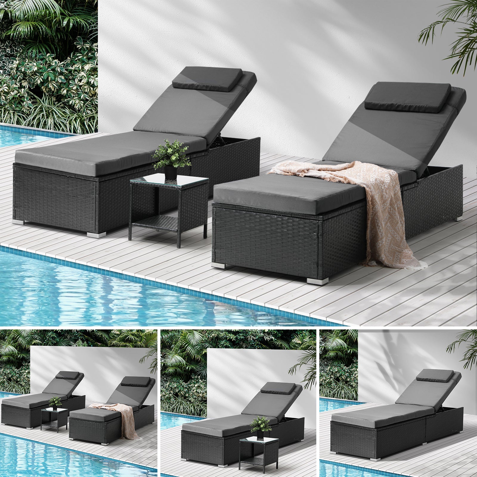 Livsip Sun Lounge Wicker Lounger & Table Patio Furniture Outdoor Setting Day Bed - Sunyee