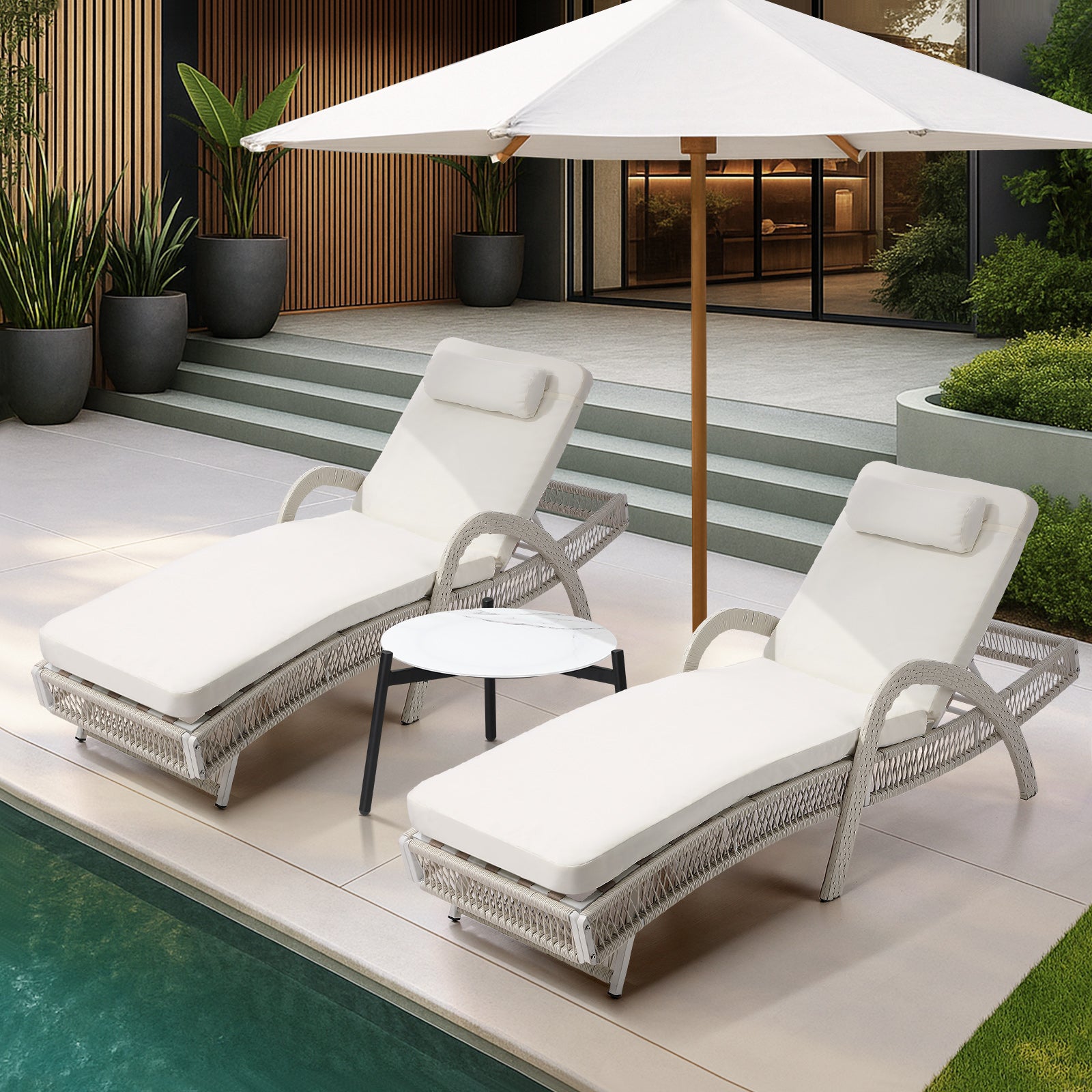 Livsip 3PCS Outdoor Sun Lounger Wicker Lounge Table Chairs Patio Furniture Beige - Sunyee