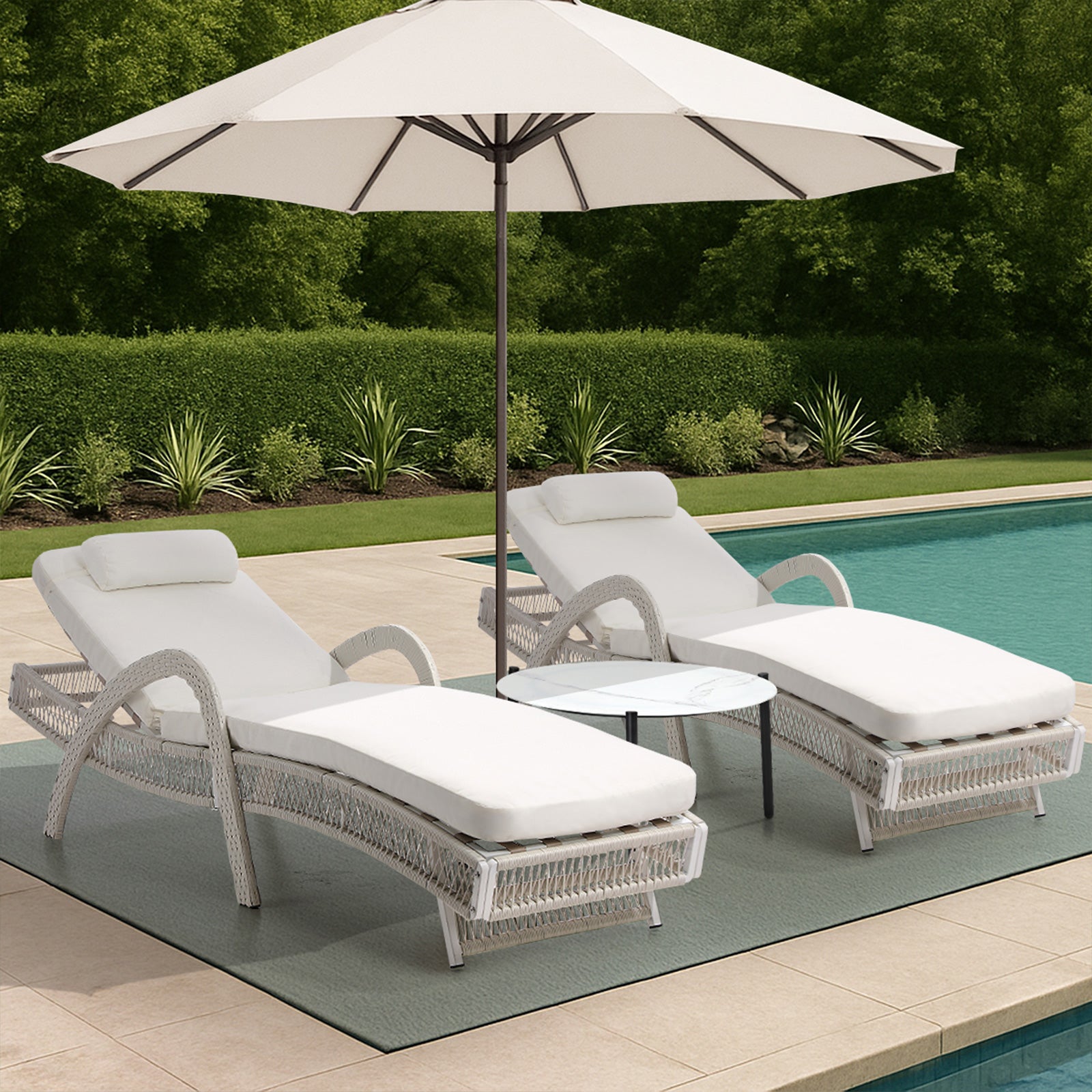 Livsip 3PCS Outdoor Sun Lounger Wicker Lounge Table Chairs Patio Furniture Beige - Sunyee