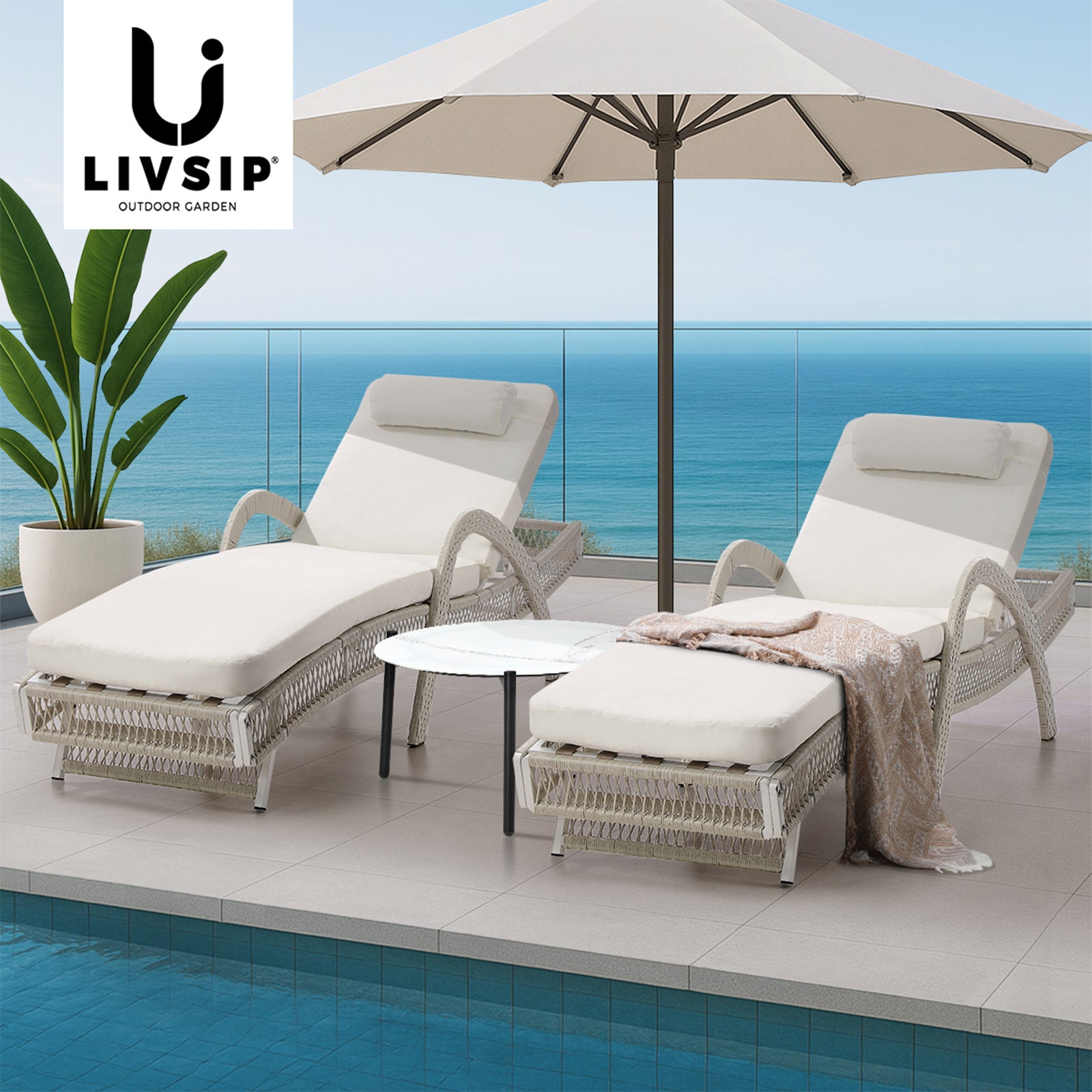 Livsip 3PCS Outdoor Sun Lounger Wicker Lounge Table Chairs Patio Furniture Beige - Sunyee