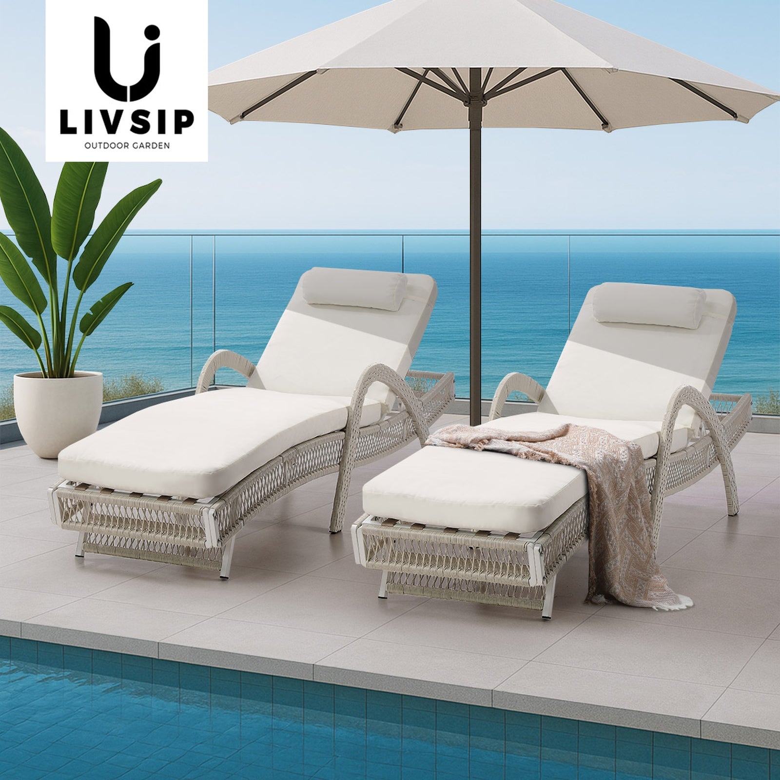 Livsip 2PCS Outdoor Sun Lounge Wicker Lounger Sofa Day Bed Patio Furniture Beige - Sunyee