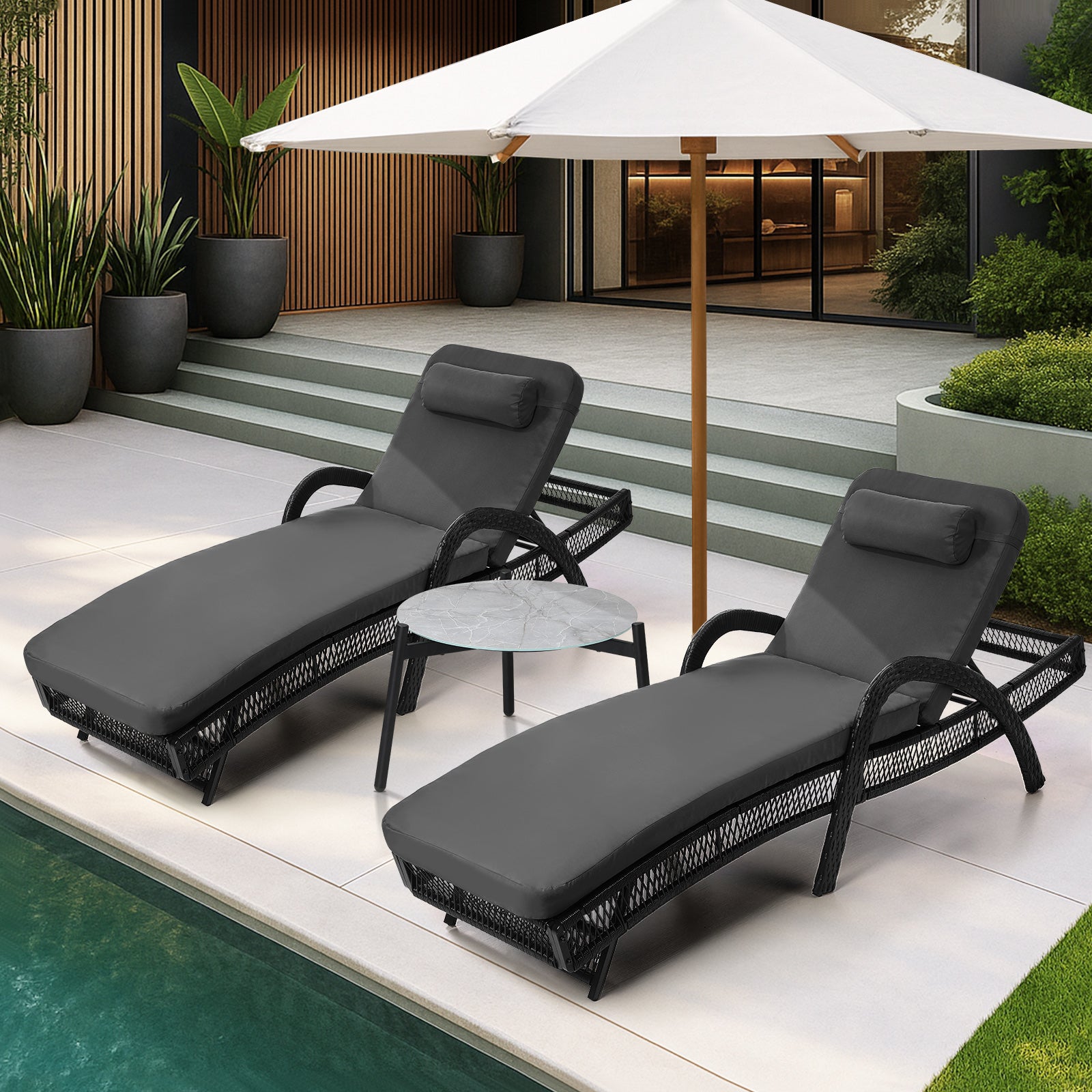 Livsip 3PCS Outdoor Sun Lounger Wicker Lounge Table Chairs Patio Furniture Grey - Sunyee