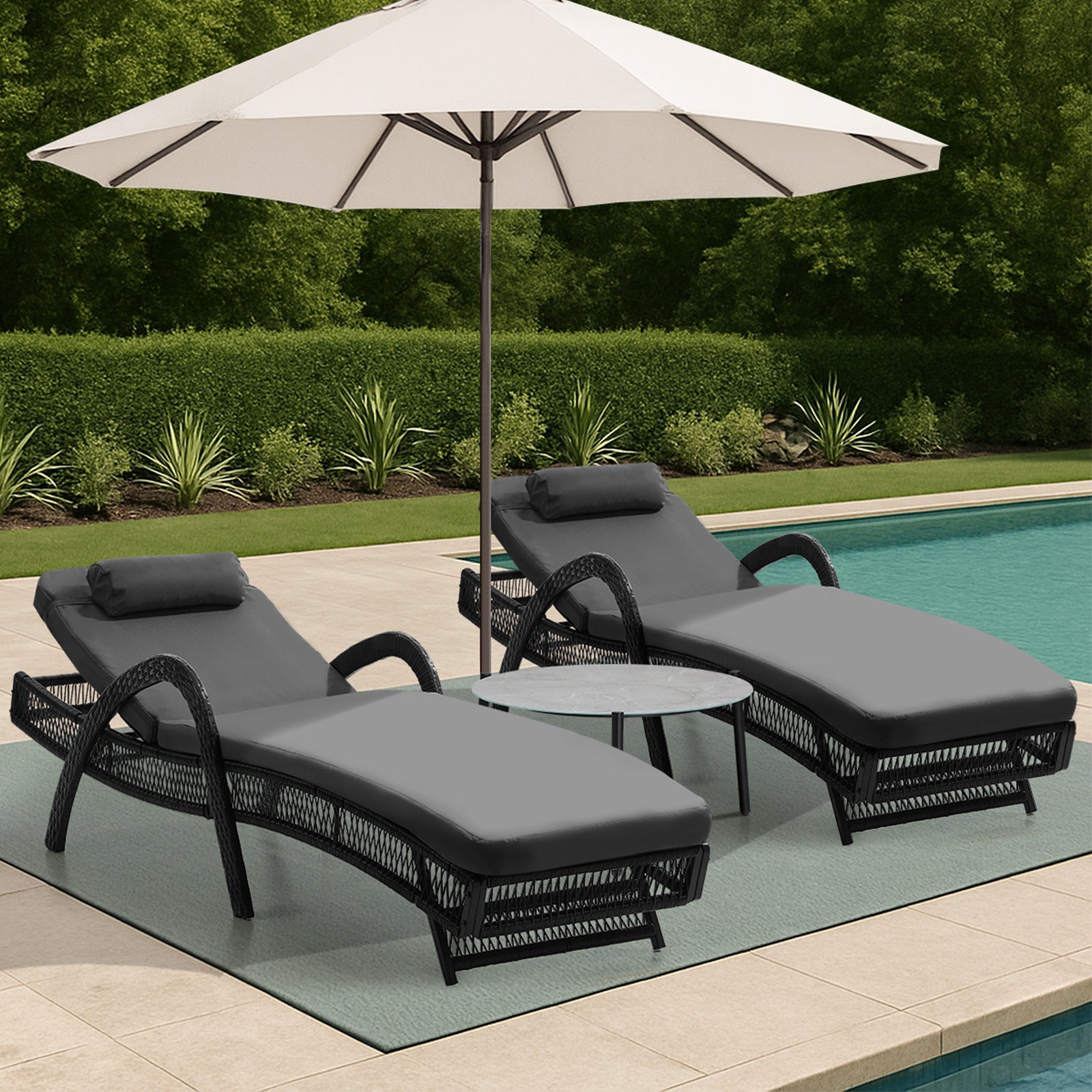 Livsip 3PCS Outdoor Sun Lounger Wicker Lounge Table Chairs Patio Furniture Grey - Sunyee
