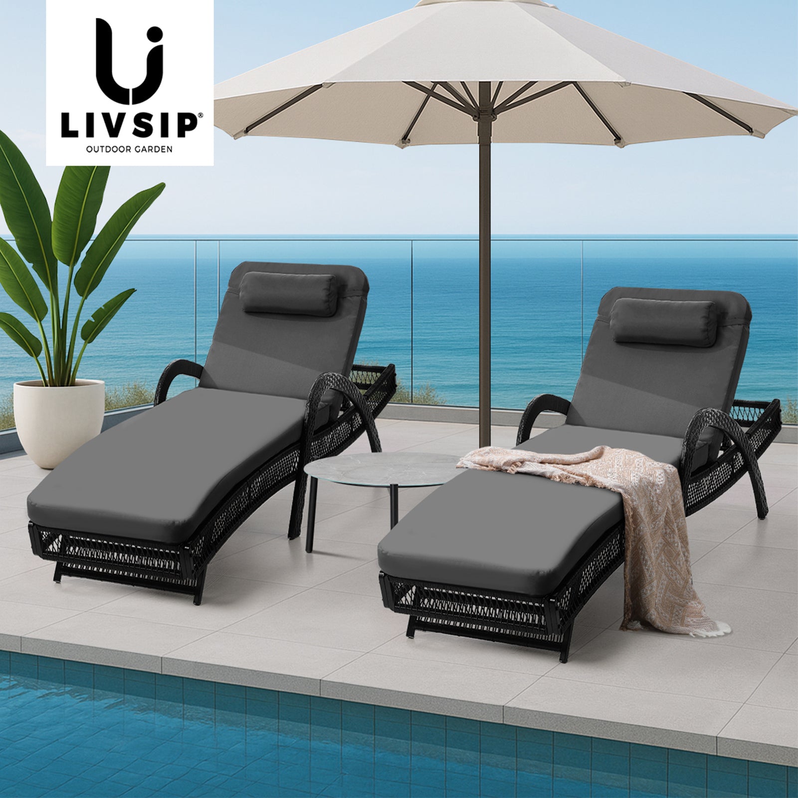 Livsip 3PCS Outdoor Sun Lounger Wicker Lounge Table Chairs Patio Furniture Grey - Sunyee