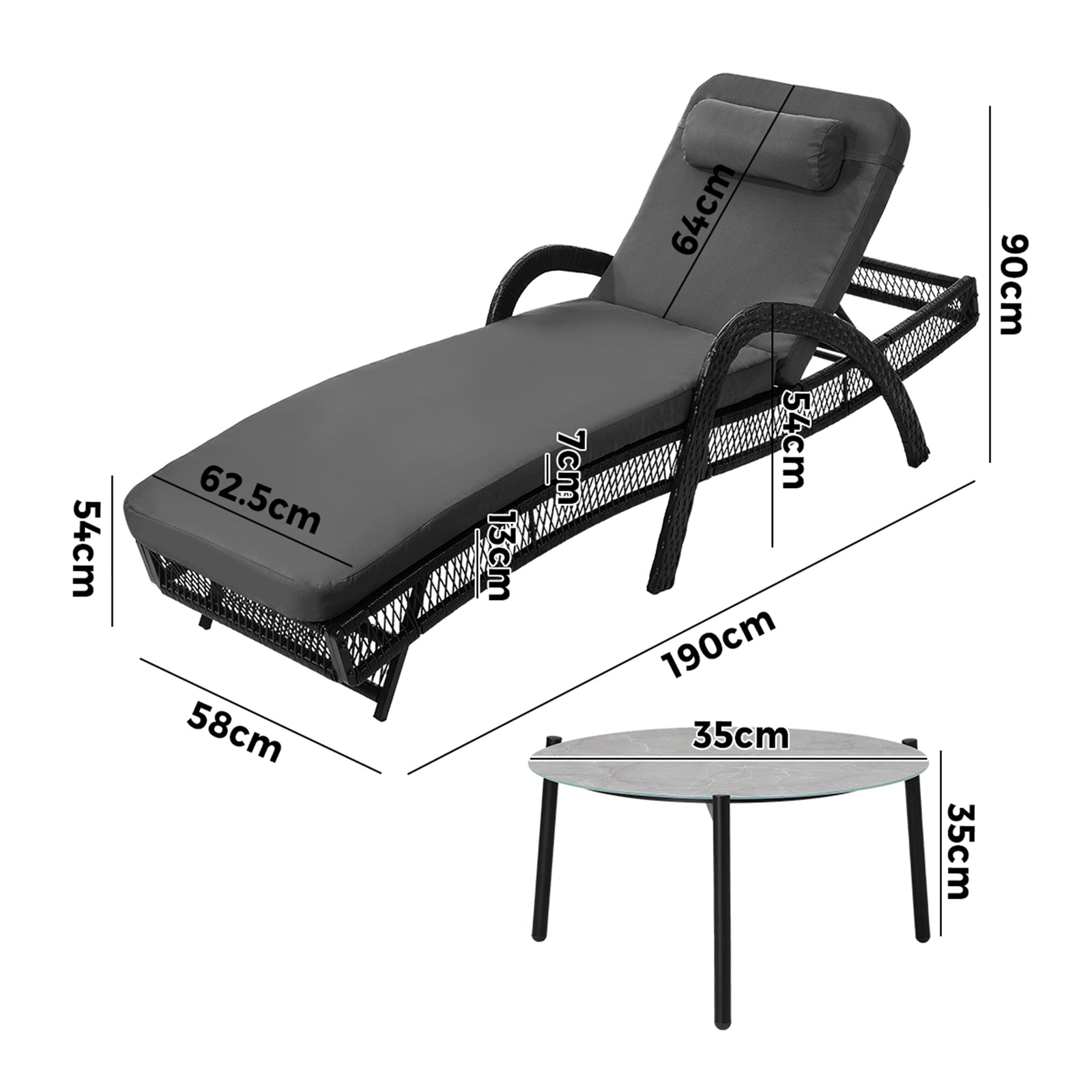 Livsip 3PCS Outdoor Sun Lounger Wicker Lounge Table Chairs Patio Furniture Grey - Sunyee