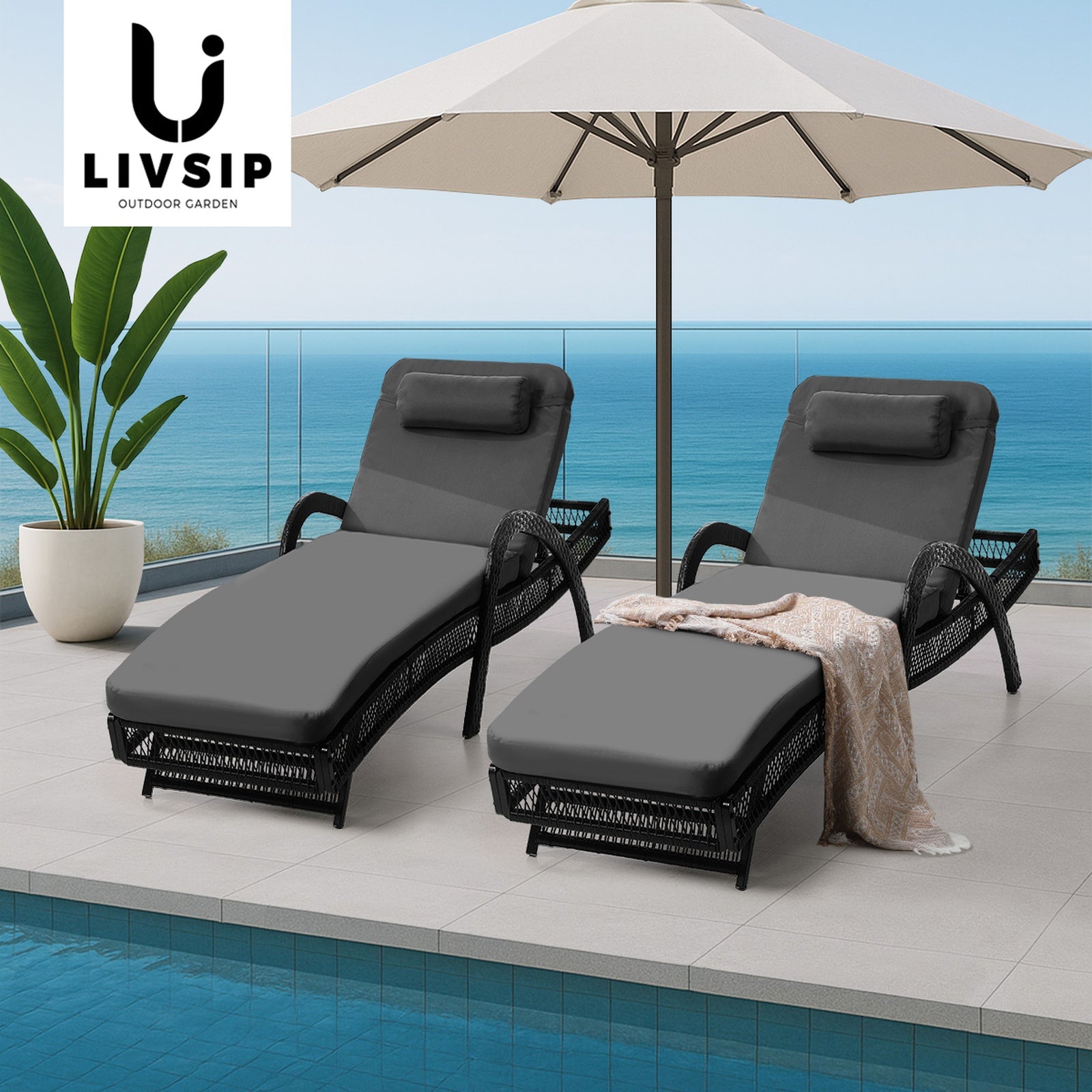 Livsip 2PCS Outdoor Sun Lounge Wicker Lounger Sofa Day Bed Patio Furniture Grey - Sunyee