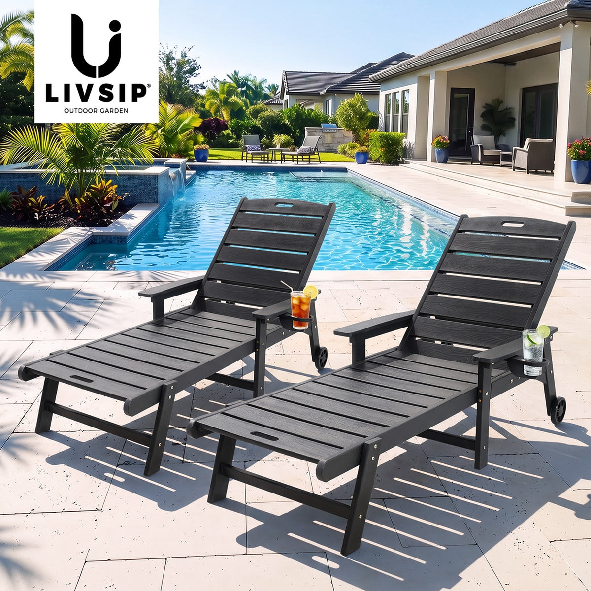 Livsip 2PCS HDPE Sun Lounge Outdoor Lounger Beach Chair Patio Furniture Black