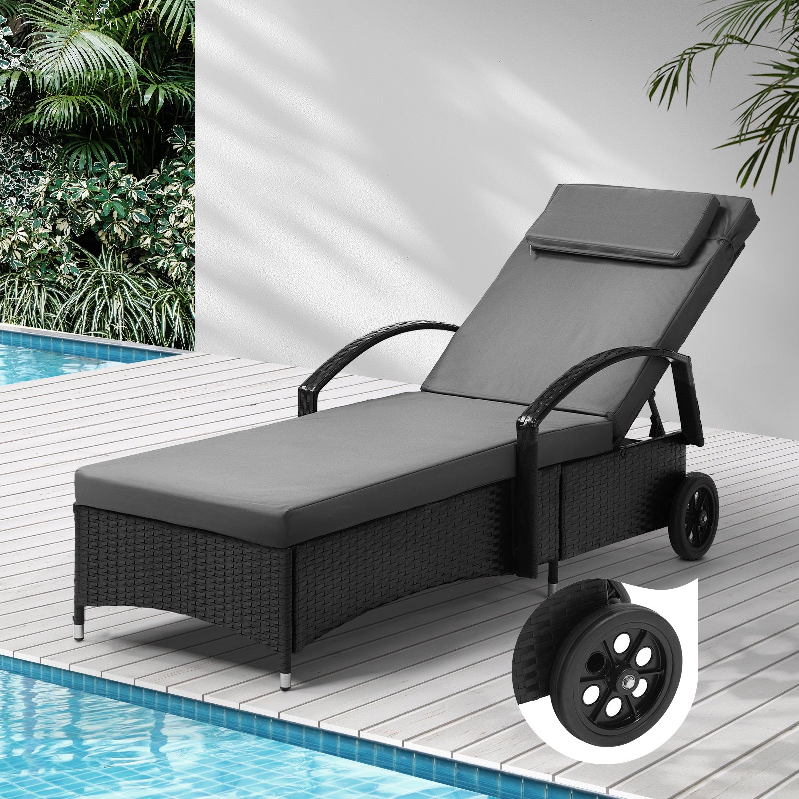 Livsip Wheeled Sun Lounger Day Bed Outdoor Setting Patio Furniture Black - Sunyee