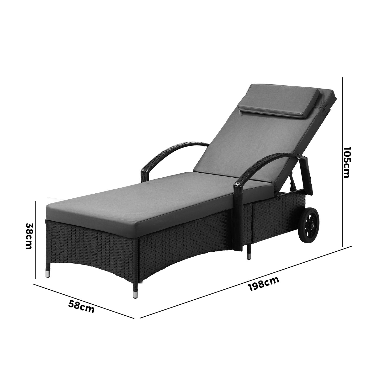 Livsip Wheeled Sun Lounger Day Bed Outdoor Setting Patio Furniture Black - Sunyee