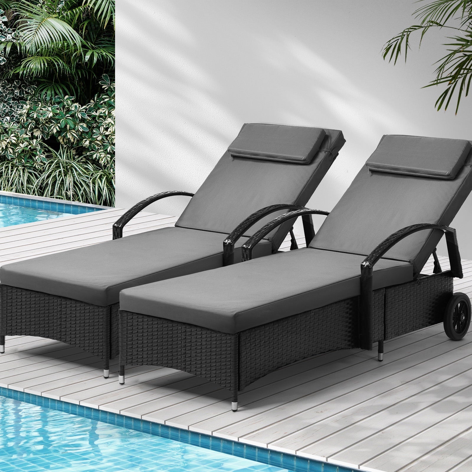 Livsip 2x Sun Lounge Wicker Lounger Chair Outdoor Furniture Day Bed Garden Black - Sunyee