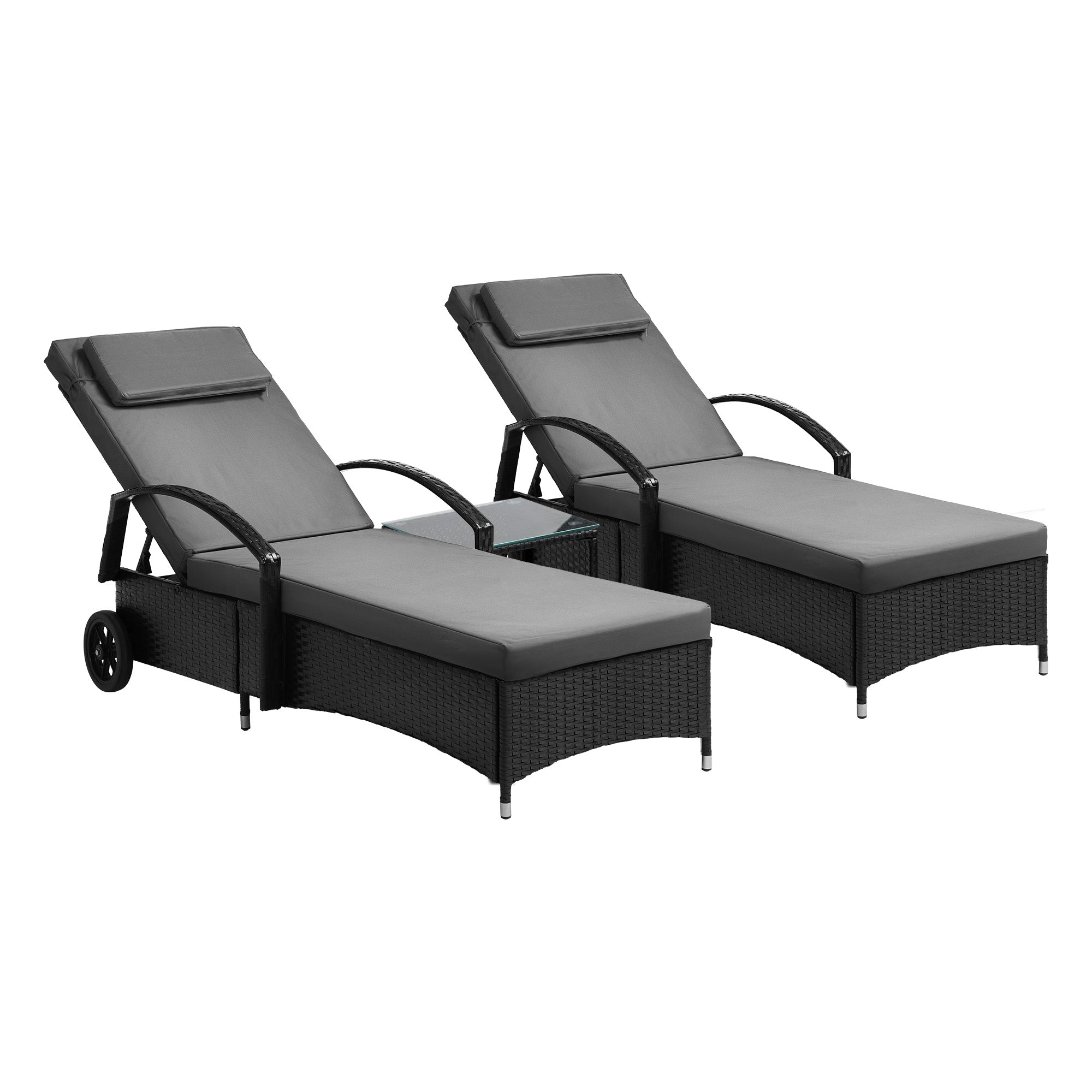 Livsip 2x Wheeled Sun Lounger Day Bed & Table Outdoor Setting Patio Furniture - Sunyee