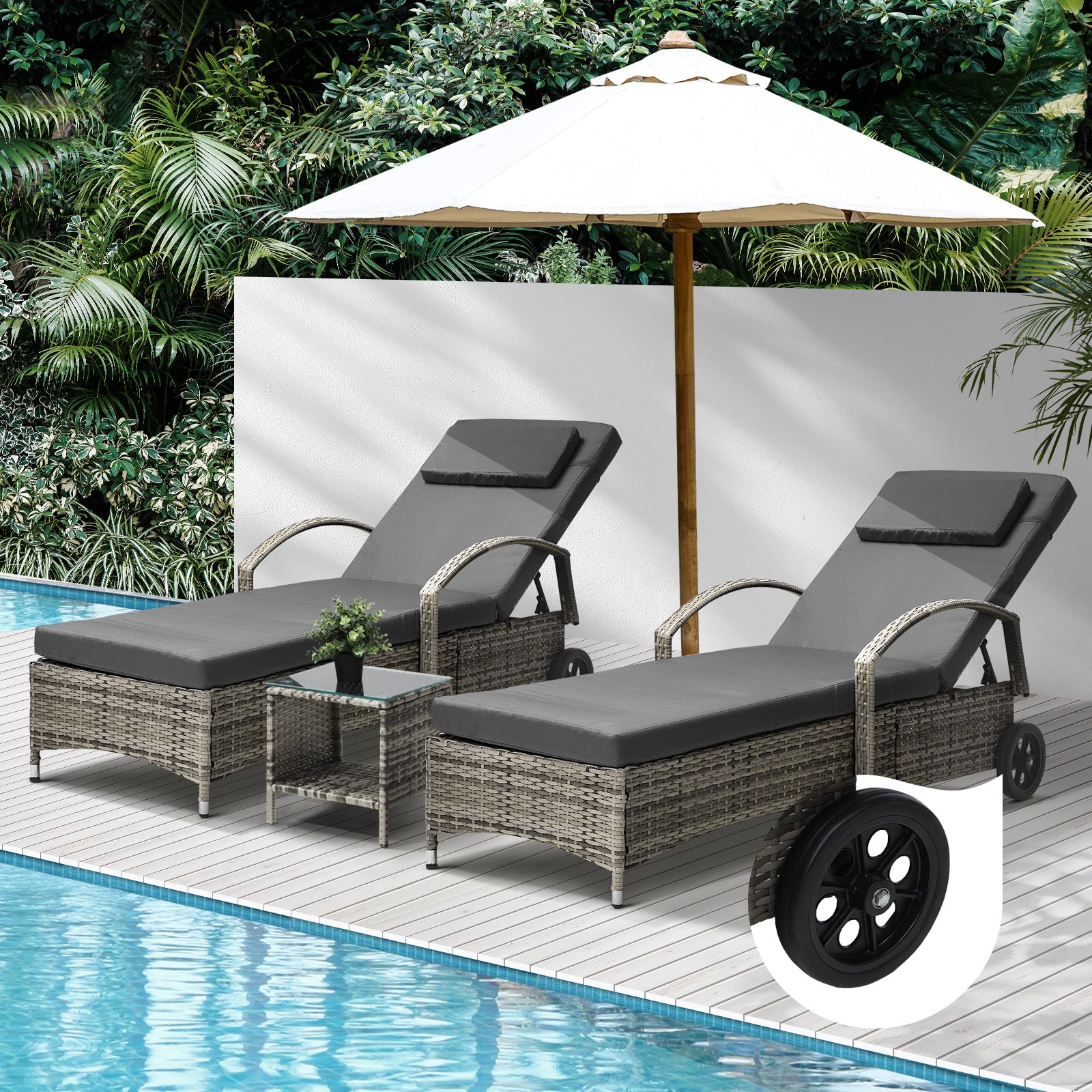 Livsip 2x Wheeled Sun Lounger Day Bed W/ Table Outdoor Setting Patio Furniture - Sunyee