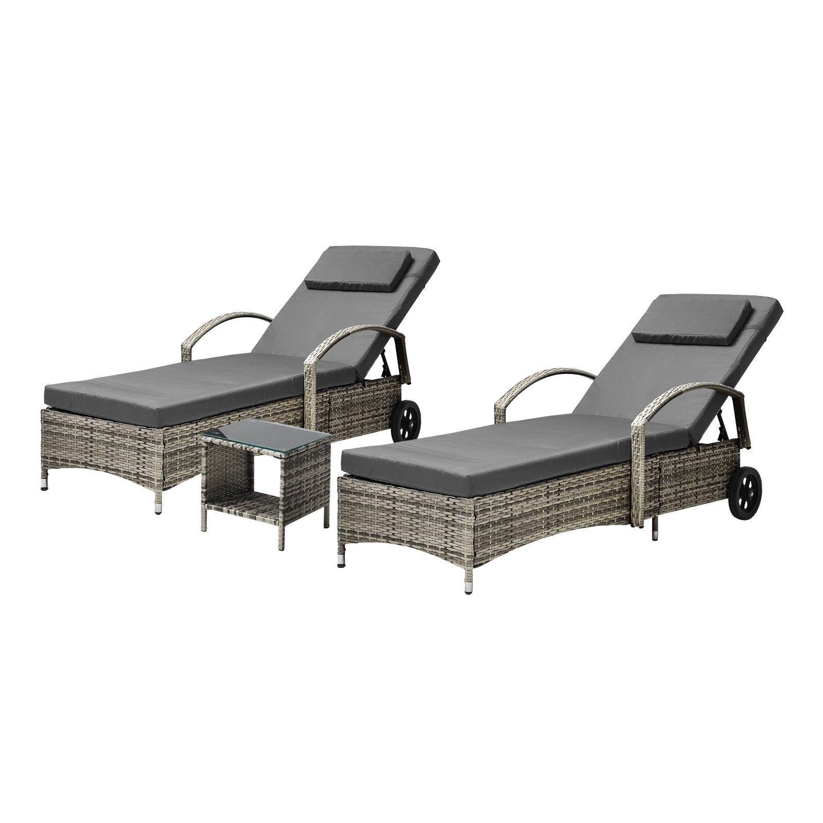 Livsip 2x Wheeled Sun Lounger Day Bed W/ Table Outdoor Setting Patio Furniture - Sunyee