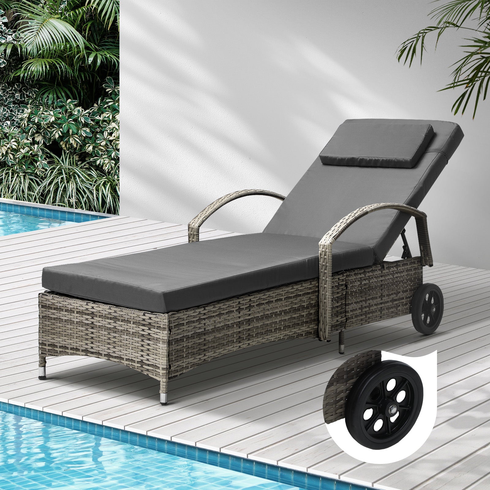 Livsip Wheeled Sun Lounger Day Bed Outdoor Setting Patio Furniture - Sunyee
