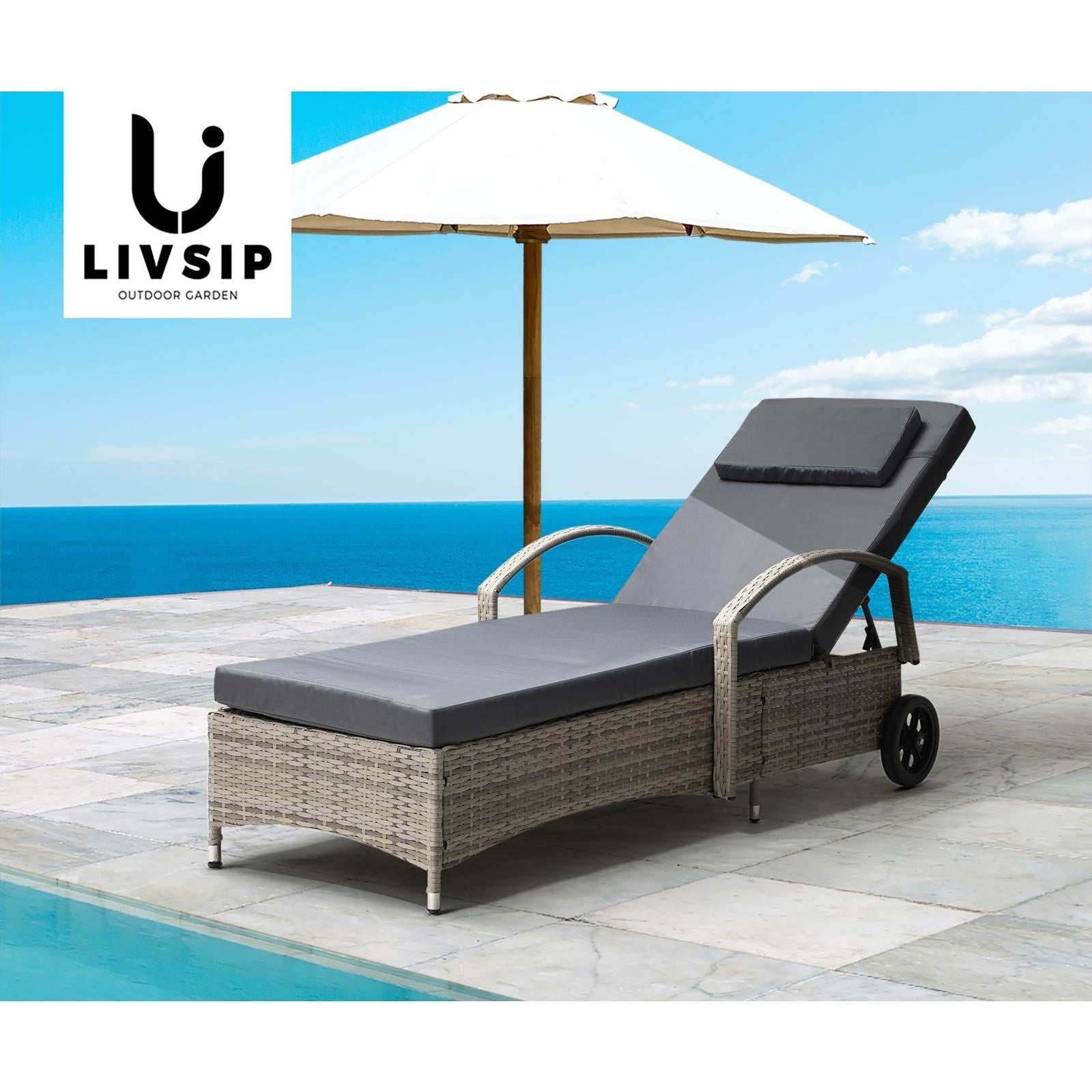 Livsip 2x Sun Lounge Wicker Lounger Chair Outdoor Furniture Day Bed Garden Grey - Sunyee