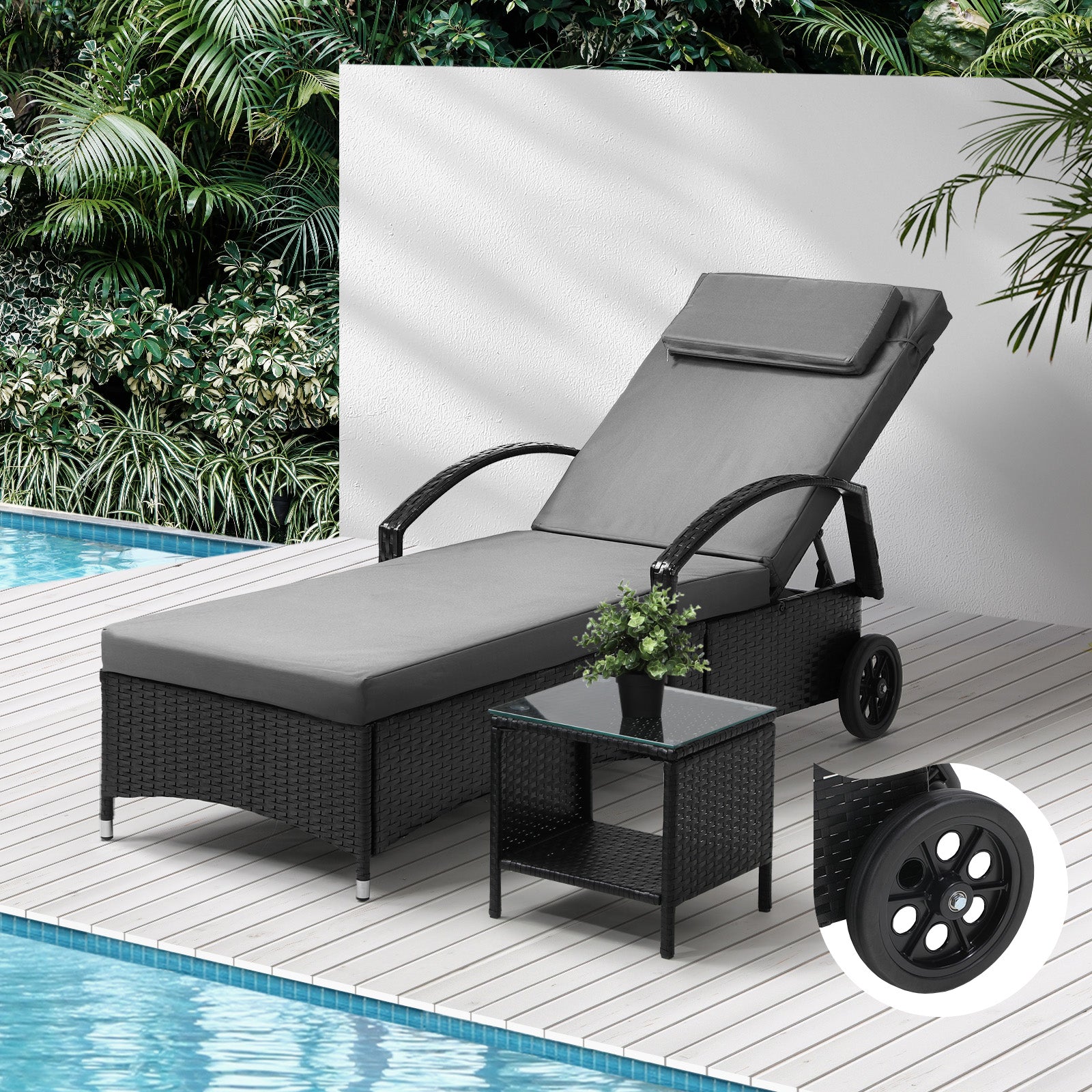 Livsip Sun Lounger Wheeled Day Bed with Table Set Outdoor Patio Furniture - Sunyee