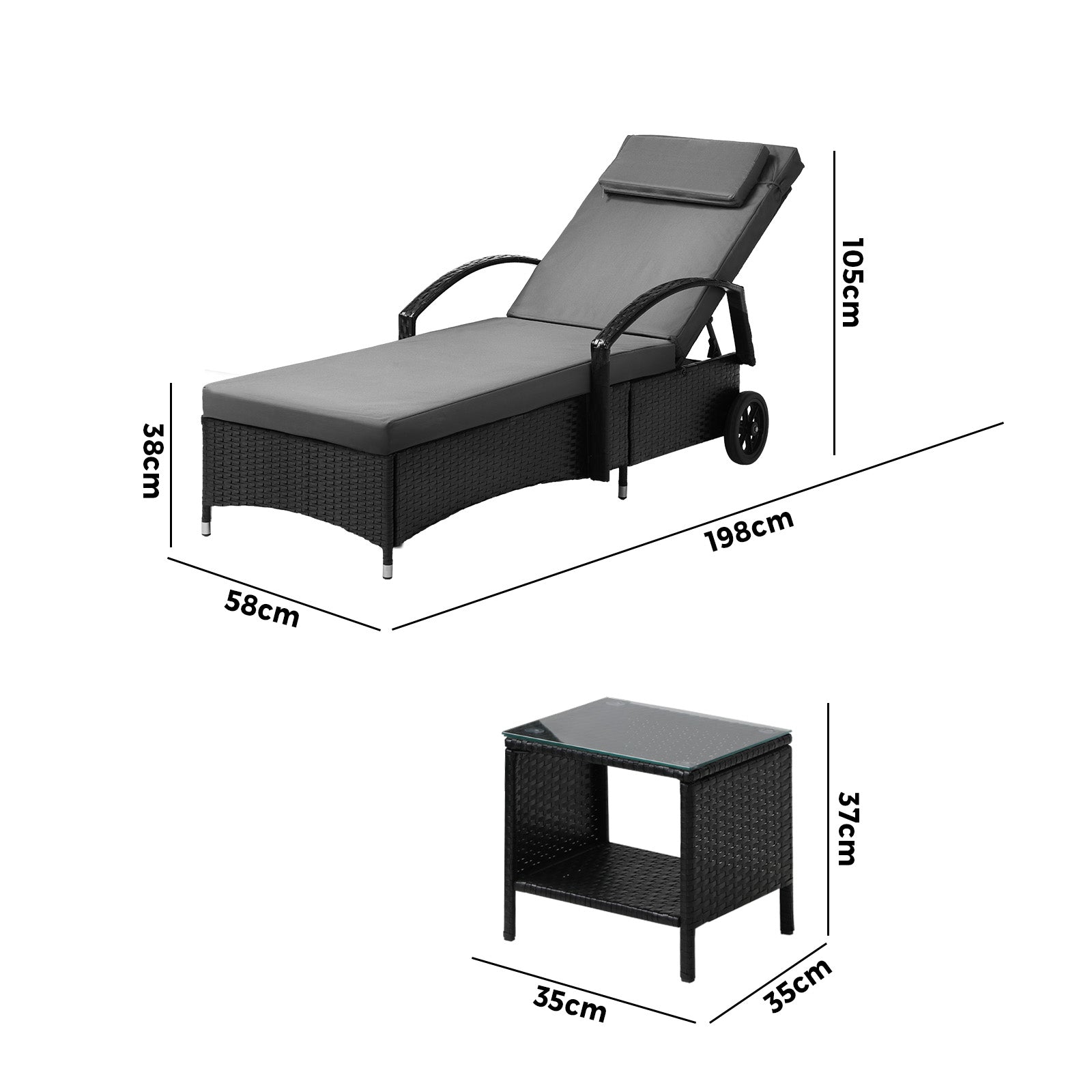 Livsip Sun Lounger Wheeled Day Bed with Table Set Outdoor Patio Furniture - Sunyee