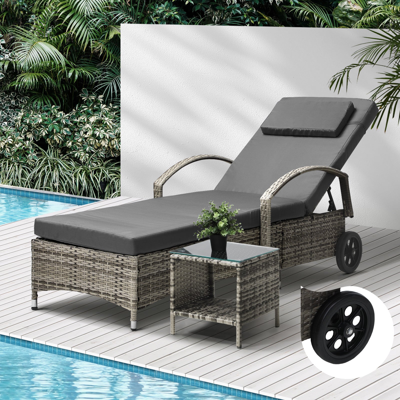 Livsip Sun Lounger Wheeled Day Bed with Table Patio Outdoor Setting Furniture - Sunyee