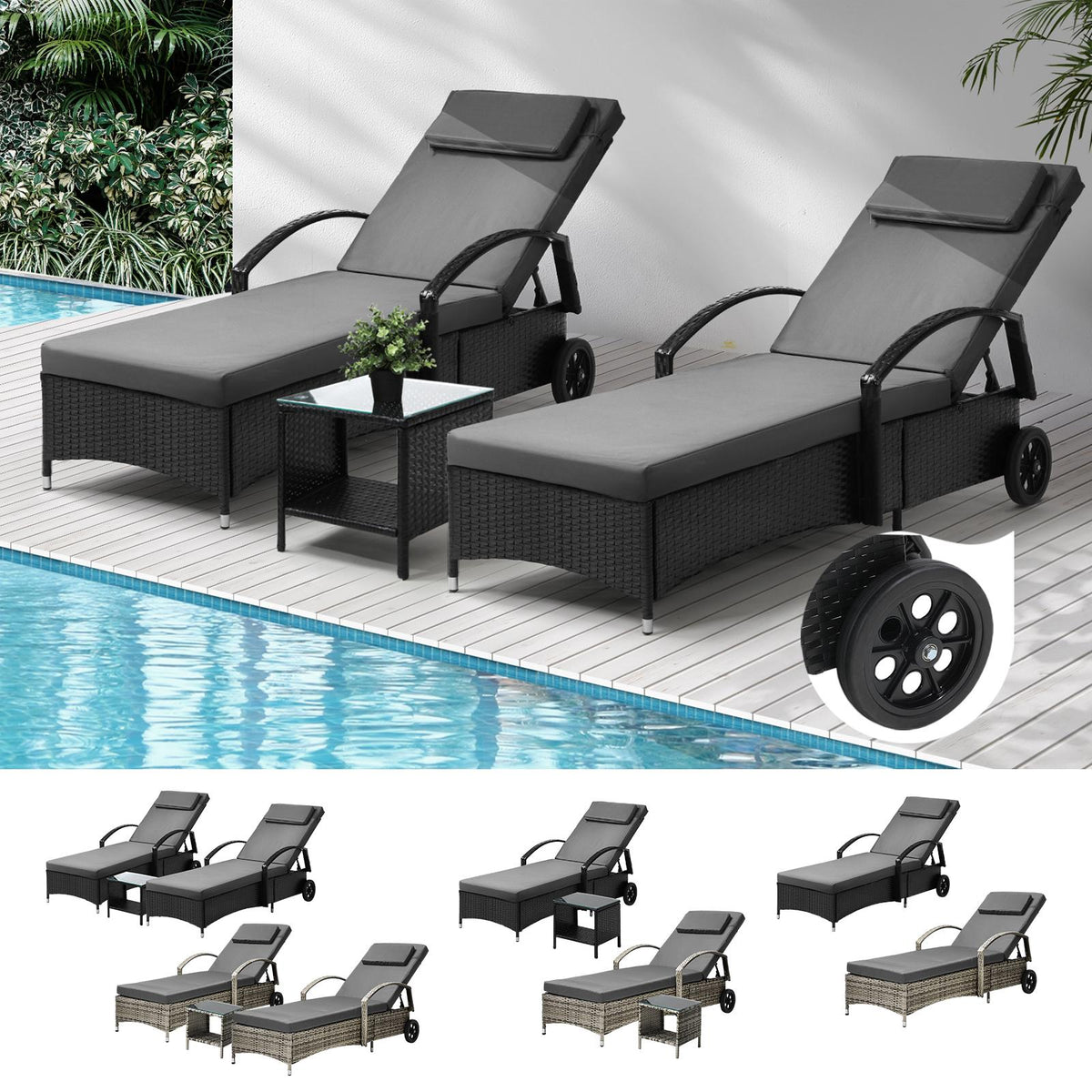 Livsip Sun Lounger Day Bed with Table Patio Set Outdoor Setting Furniture - Sunyee