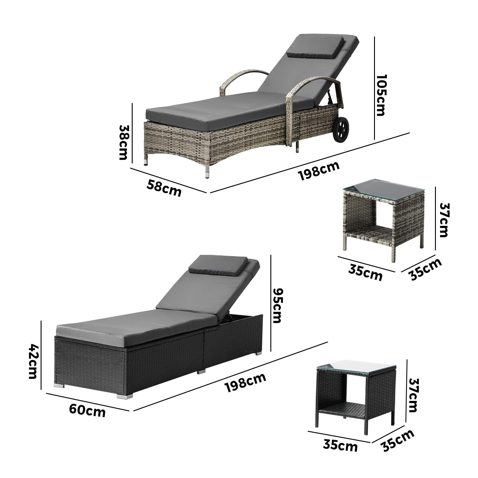 Livsip Sun Lounger Wicker Lounge Day Bed Table Outdoor Setting Patio Furniture - Sunyee