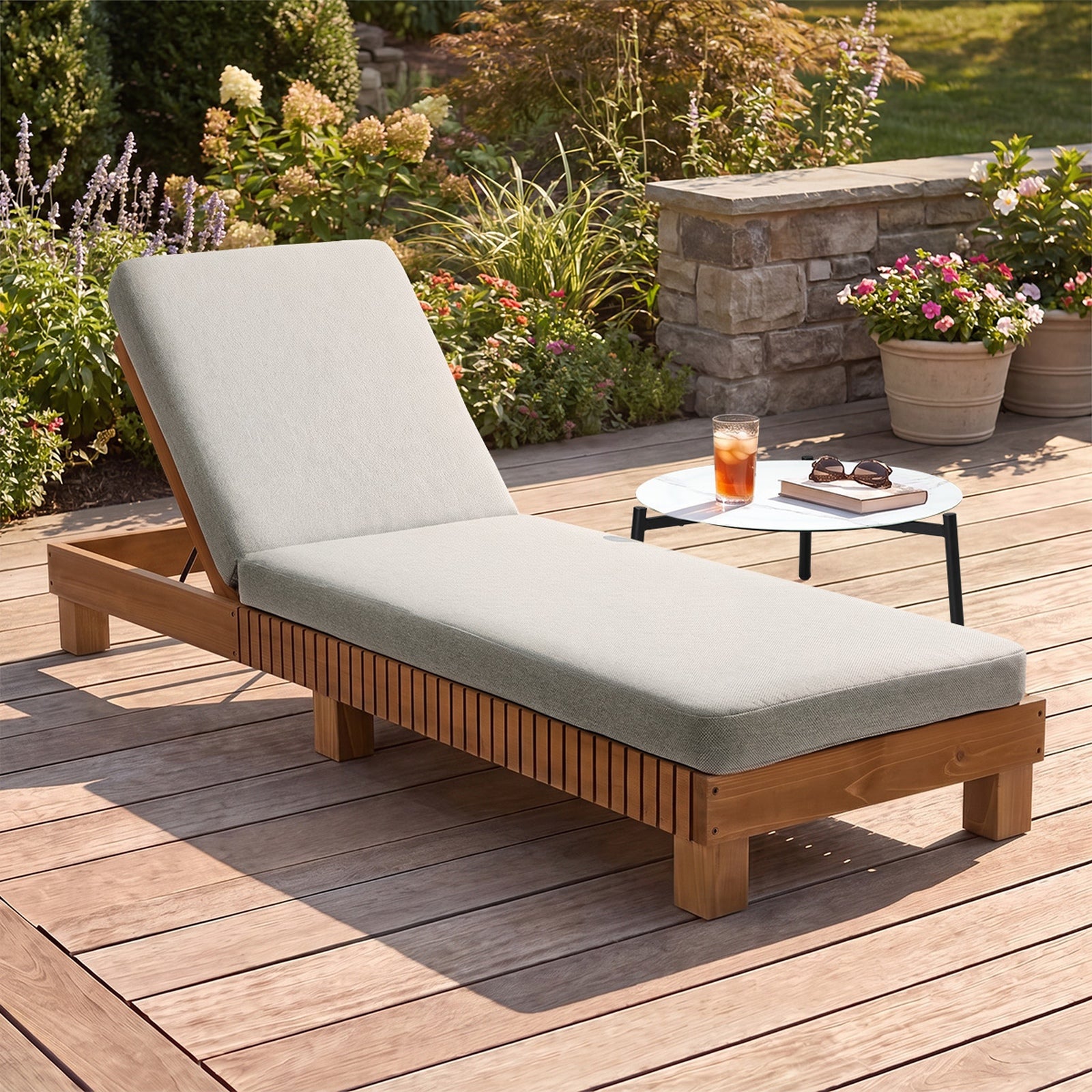 Livsip Outdoor Sun Lounge Wooden Lounger Day Bed Recliner Patio Furniture Beige