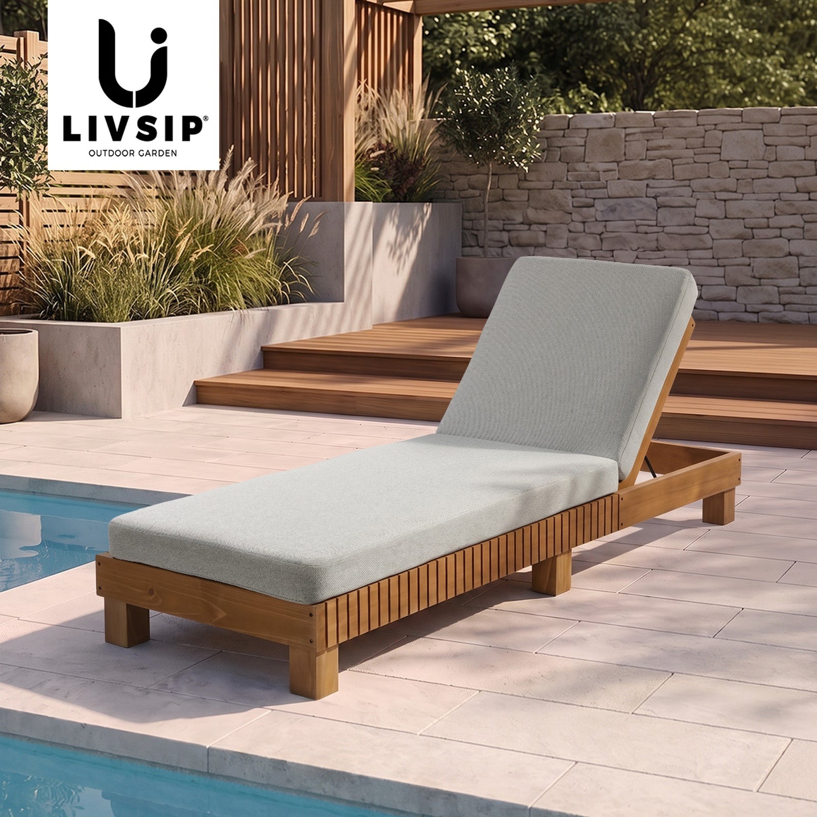 Livsip Outdoor Sun Lounge Wooden Lounger Day Bed Recliner Patio Furniture Beige