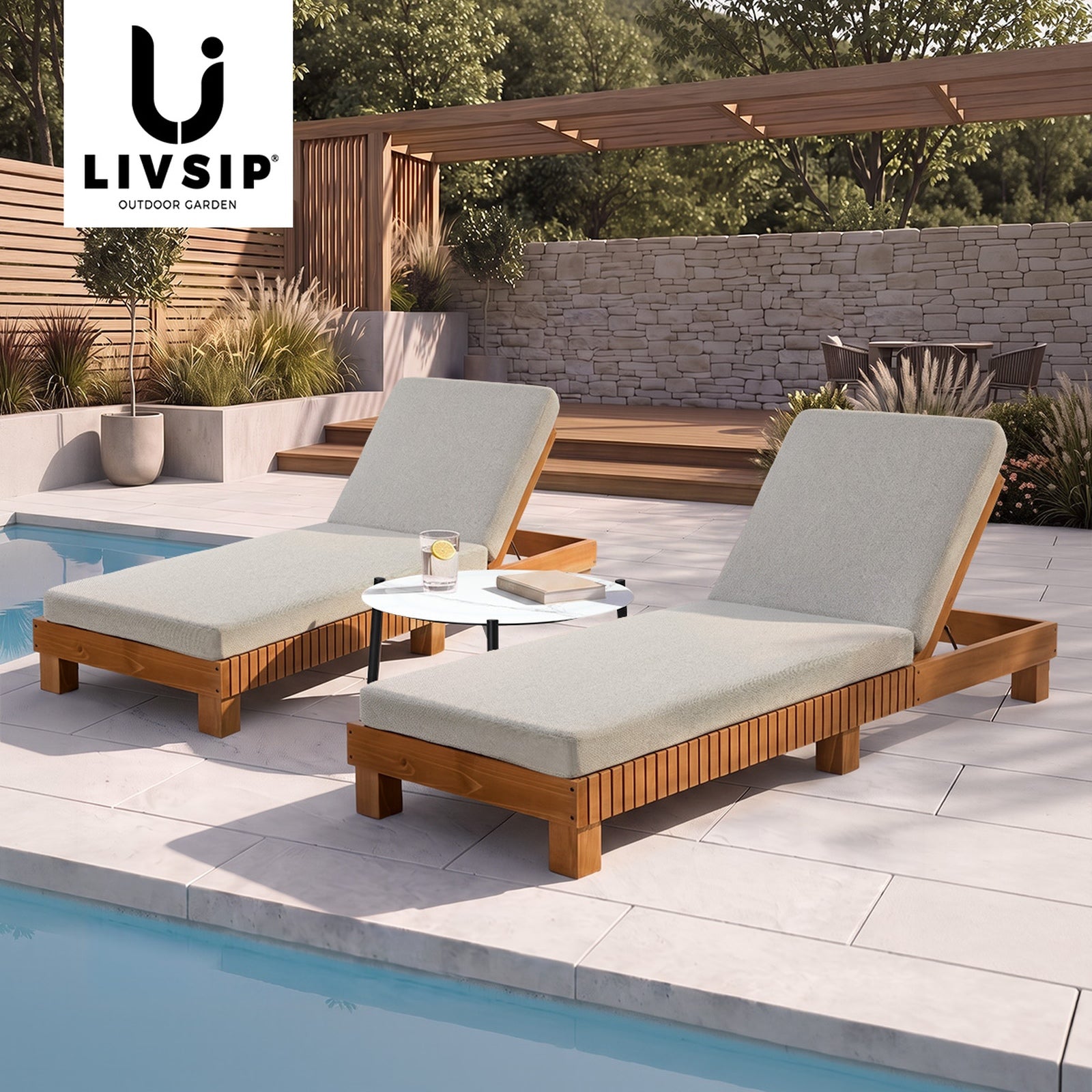 Livsip Sun Lounge Set with Table Outdoor Lounge Daybed Recliner Furniture Beige