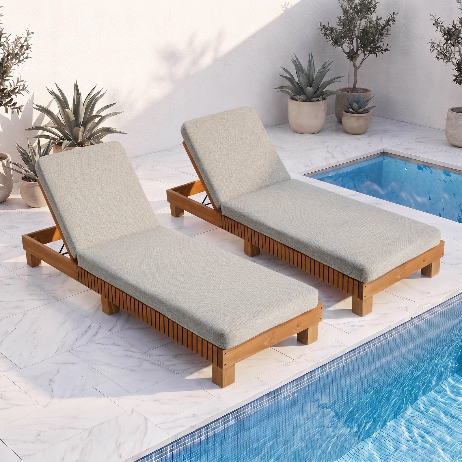 Livsip 2PCS Outdoor Sun Lounge Set Wooden Lounger Daybed Patio Furniture Beige