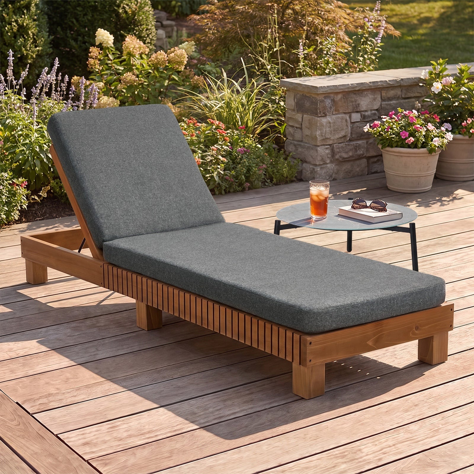 Livsip Outdoor Sun Lounge Wooden Lounger Day Bed Recliner Patio Furniture Grey