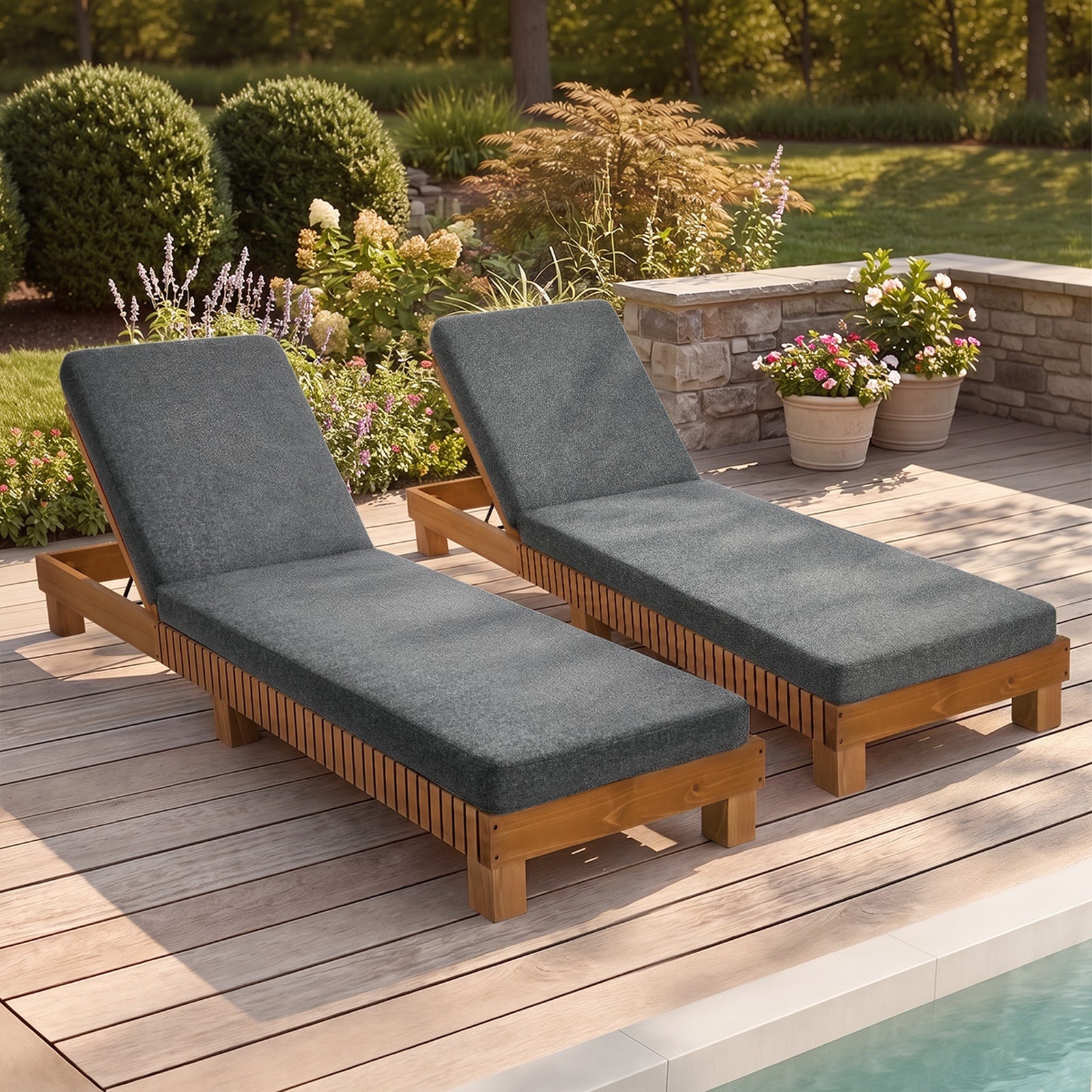 Livsip 2PCS Outdoor Sun Lounge Set Wooden Lounger Daybed Patio Furniture Grey