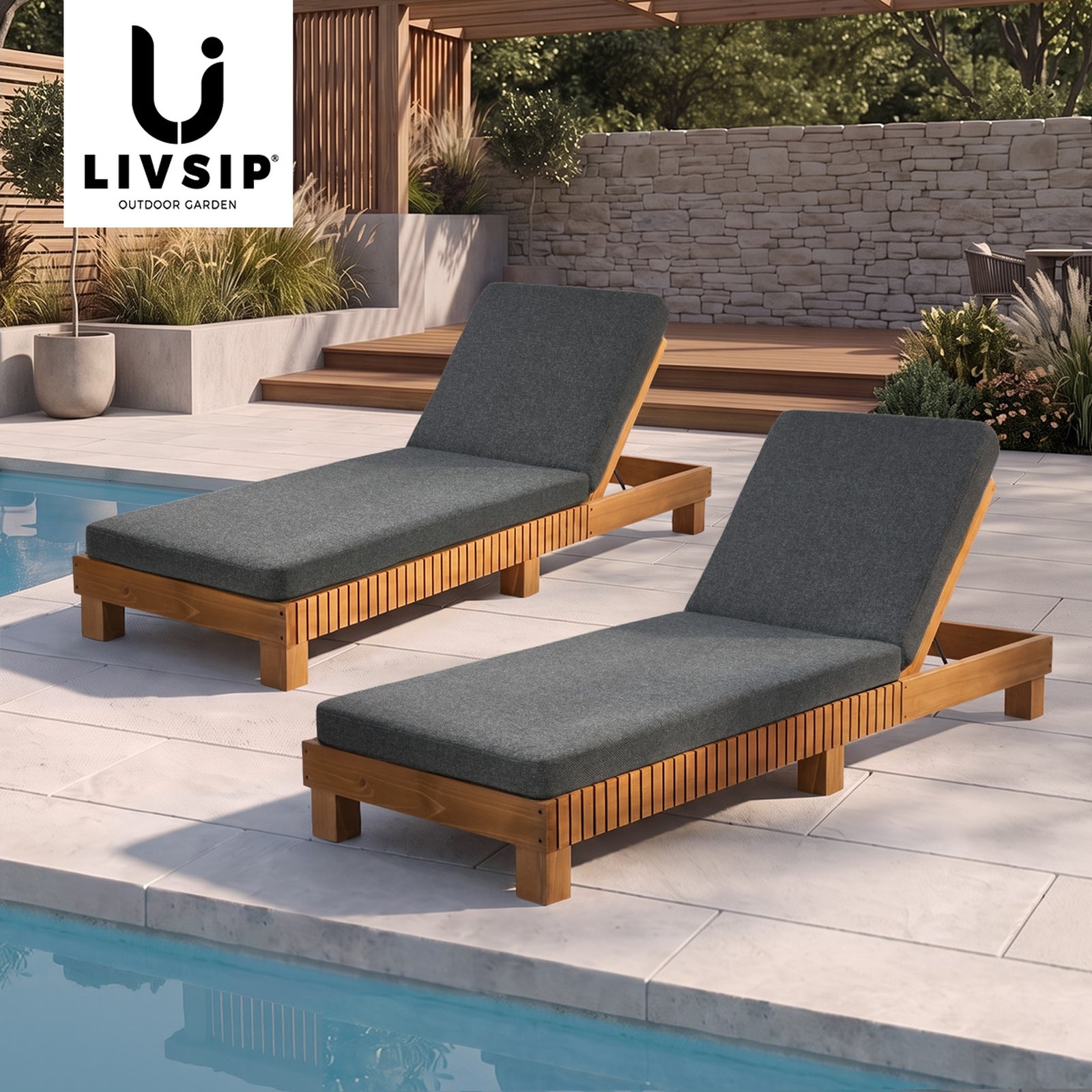 Livsip 2PCS Outdoor Sun Lounge Set Wooden Lounger Daybed Patio Furniture Grey