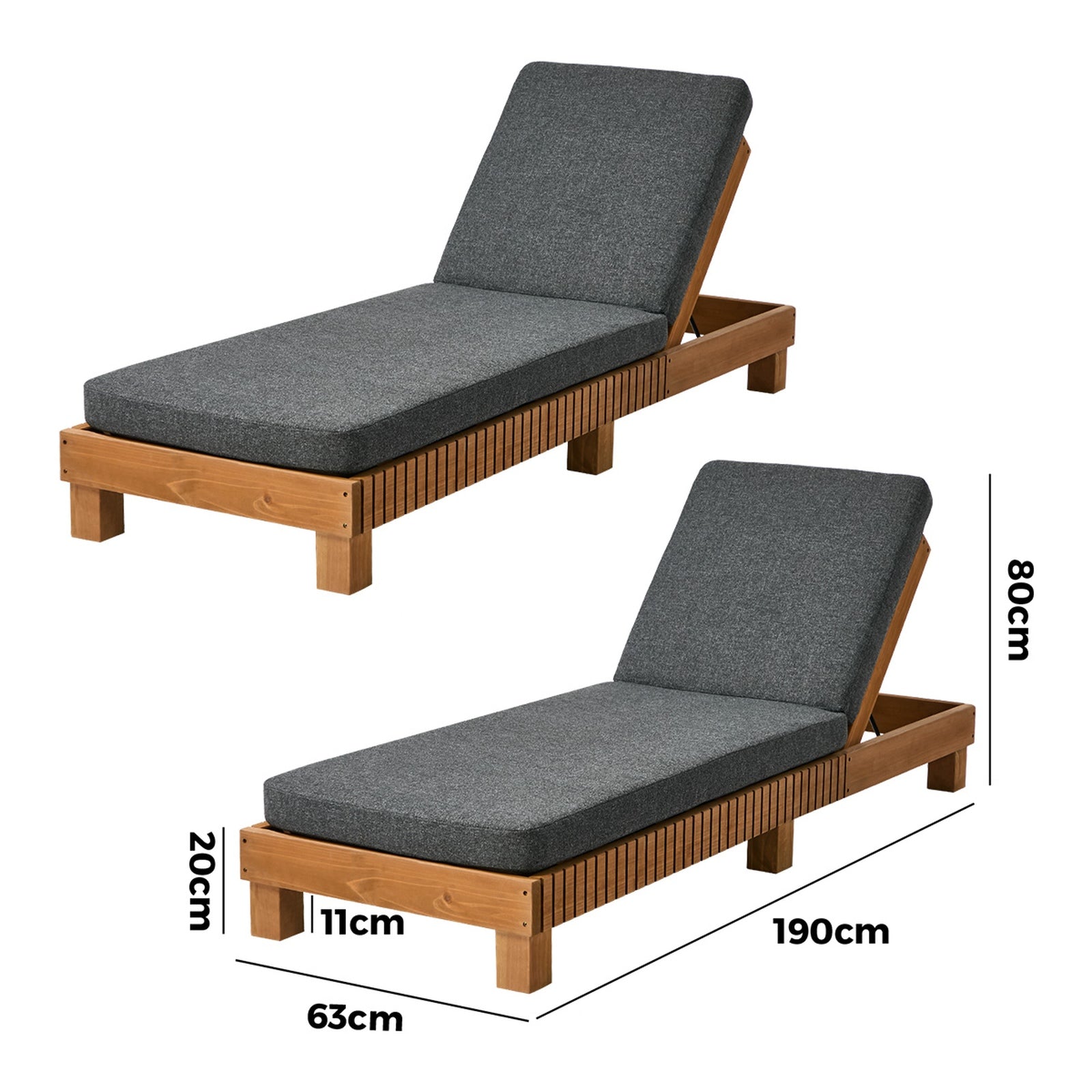 Livsip 2PCS Outdoor Sun Lounge Set Wooden Lounger Daybed Patio Furniture Grey